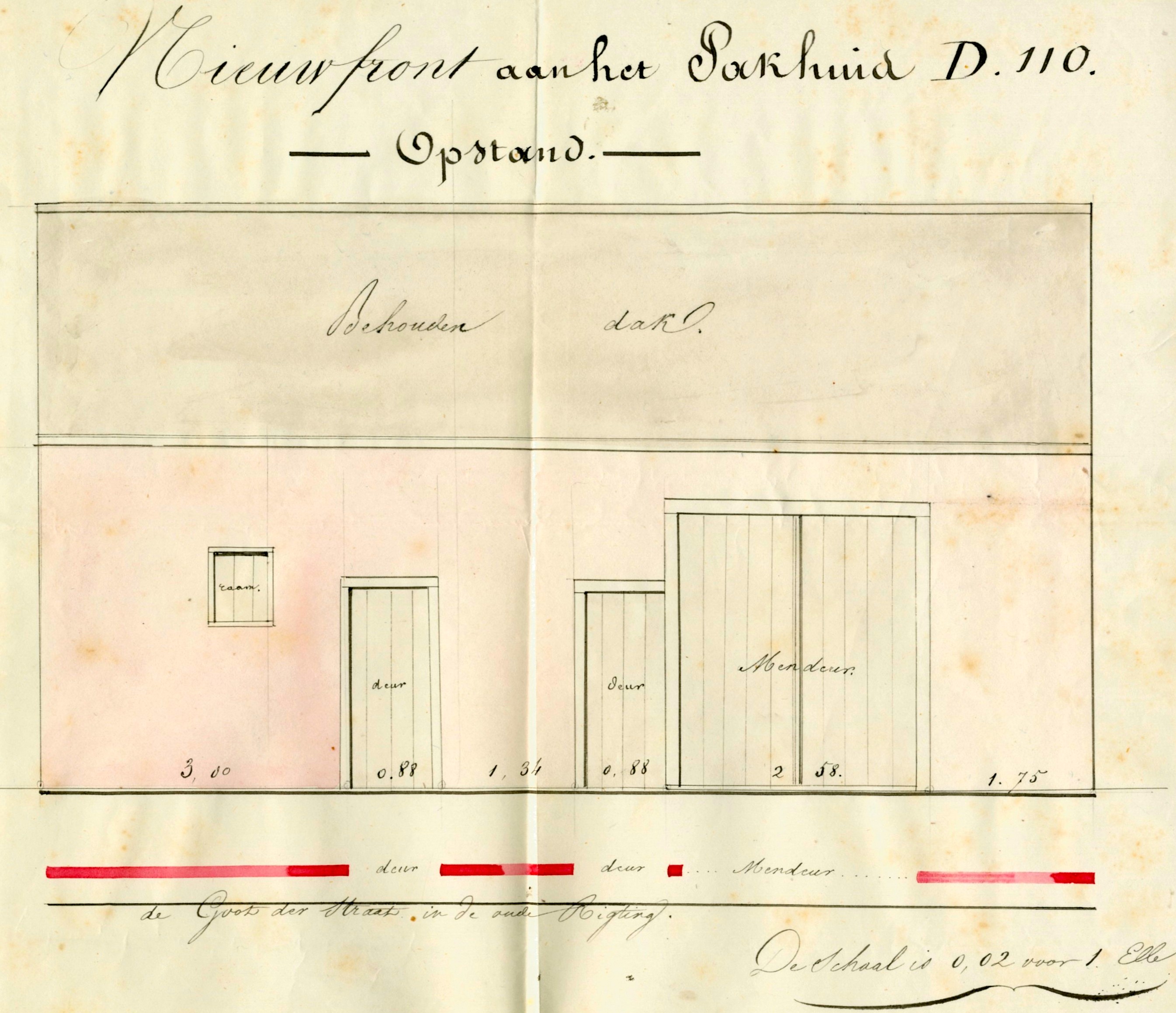 Tekening van een nieuwe voorgevel van Ossenhoofdstraat 23. GAG.ASG.inv.nr. 559, nr. 517.