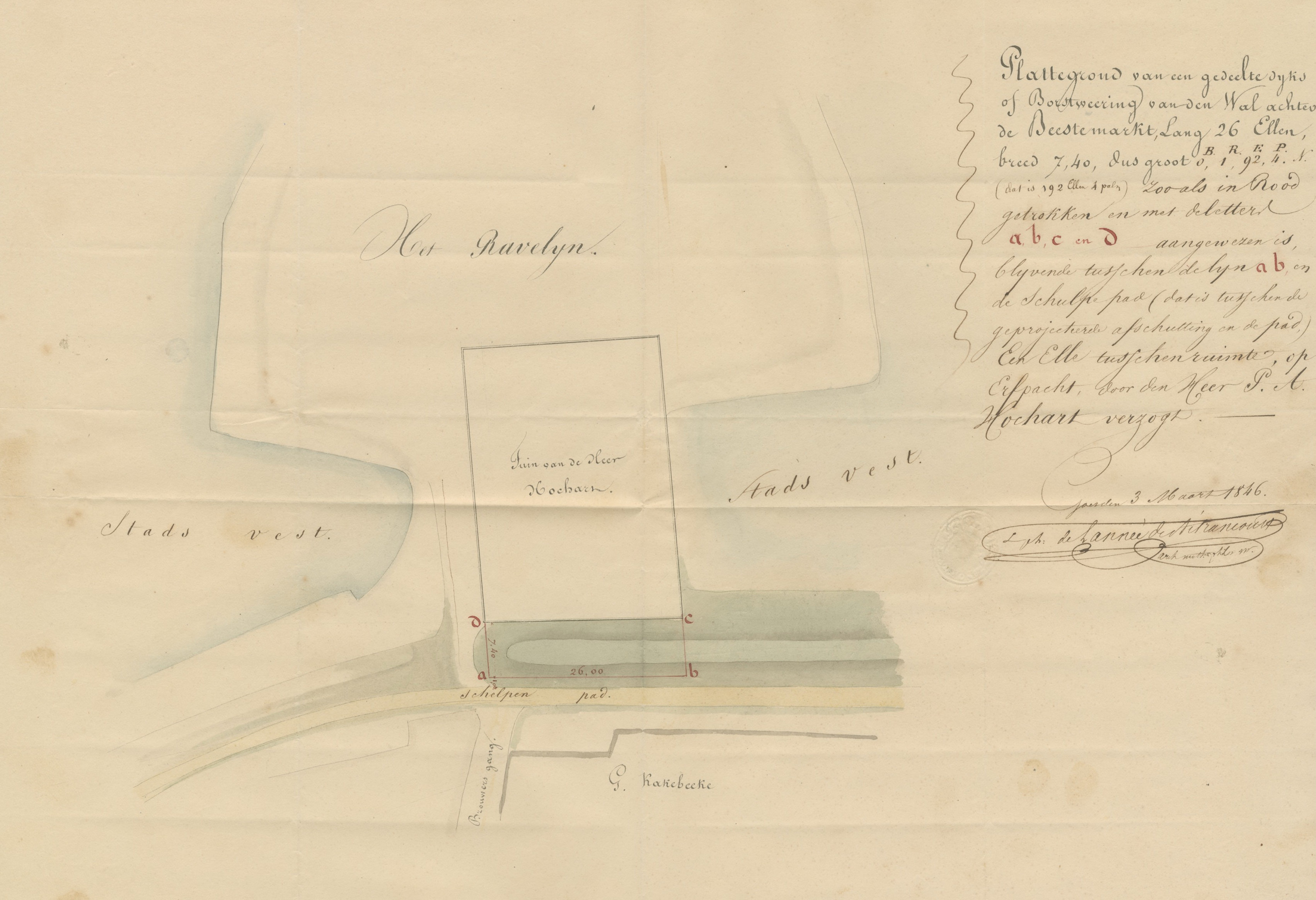 Tekening van een perceel stadswal bij de Brouwersgang, in erfpacht te nemen door P.A. Hochart, 1846. GAG.ASG.inv.nr. 592.1, nr. 270.