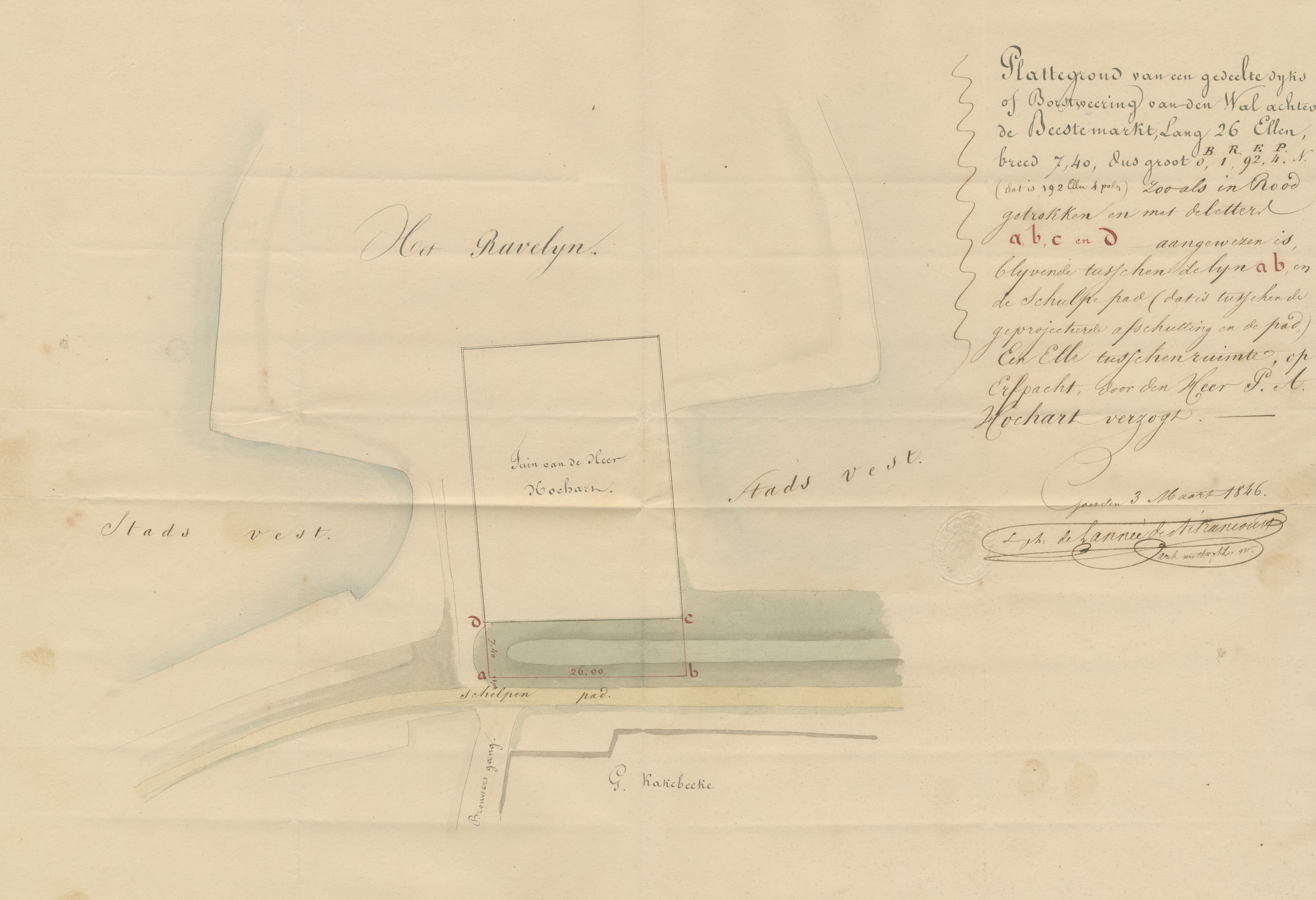Tekening van een perceel stadswal bij de Brouwersgang, in erfpacht te nemen door P.A. Hochart, 1846. GAG.ASG.inv.nr. 592.1, nr. 270.