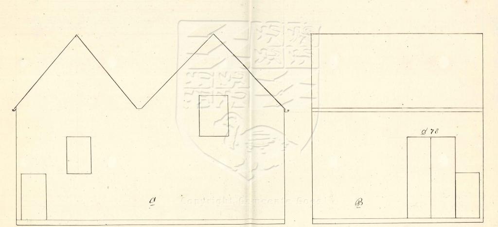 Tekening van een schuur, 's-Heer Hendrikskinderenstraat 56, oud, 1859. GAG.AGG.inv.nr. 225, nr. 345