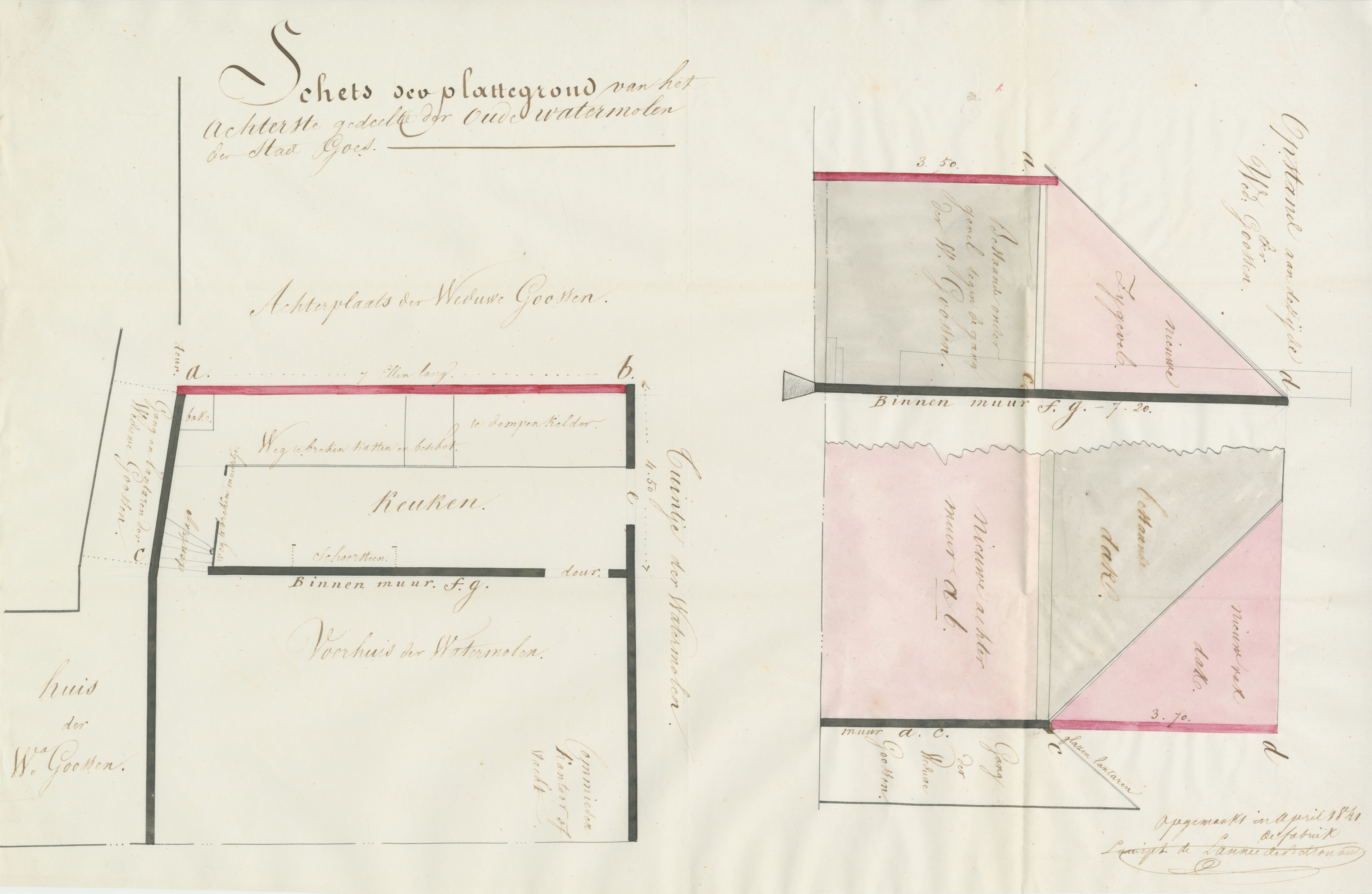Tekening van een verbouwing van de watermolen aan de Kleine Kade, 1842. GAG.ASG.inv.nr. 572.1, nr 397.