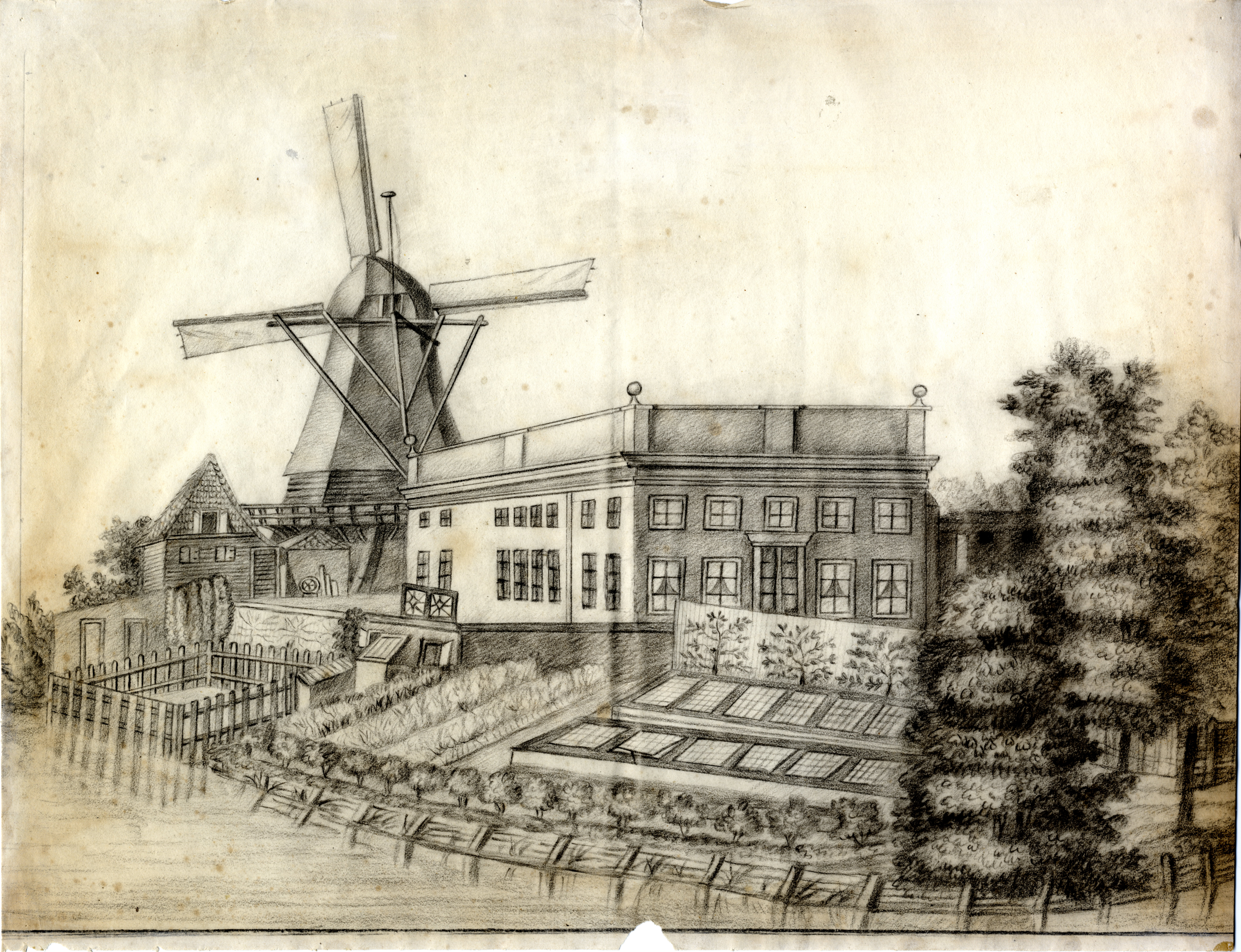 Tekening van gortmolen De Genadier op het gelijknamige ravelijn, z.j. en anoniem. GAG.HTA.