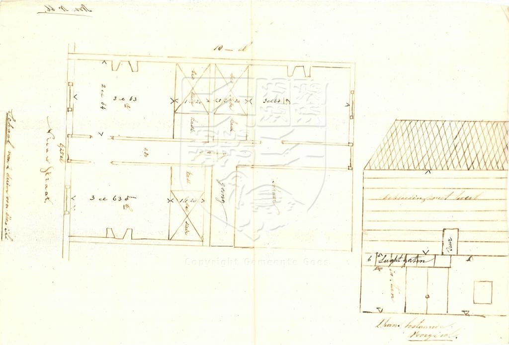 Tekening van het deels verbouwen van een schuur tot woningen, Nieuwstraat 18-20, 1860. GAG.AGG.inv.nr. 234, nr. 66