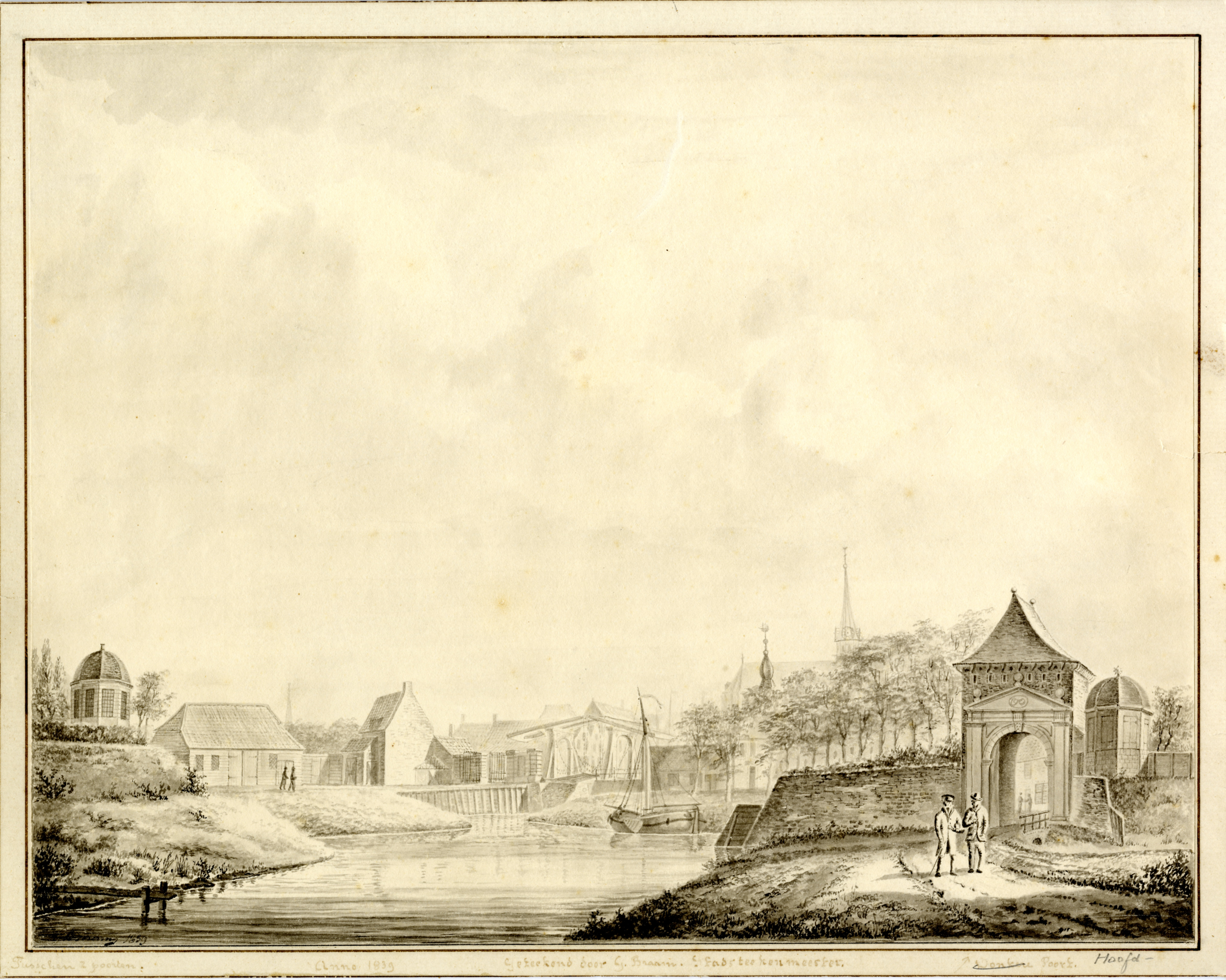 Tekening van het gebied gelegen tussen de twee poorten, 1839, door G. Braam. GAG.HTA.
