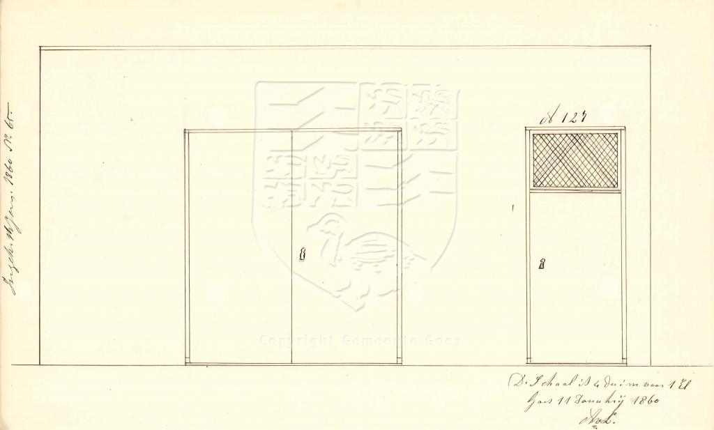 Tekening van het herbouwen van het pakhuis Kreukelmarkt 14, 1860. GAG.AGG.inv.nr. 234, nr. 65.