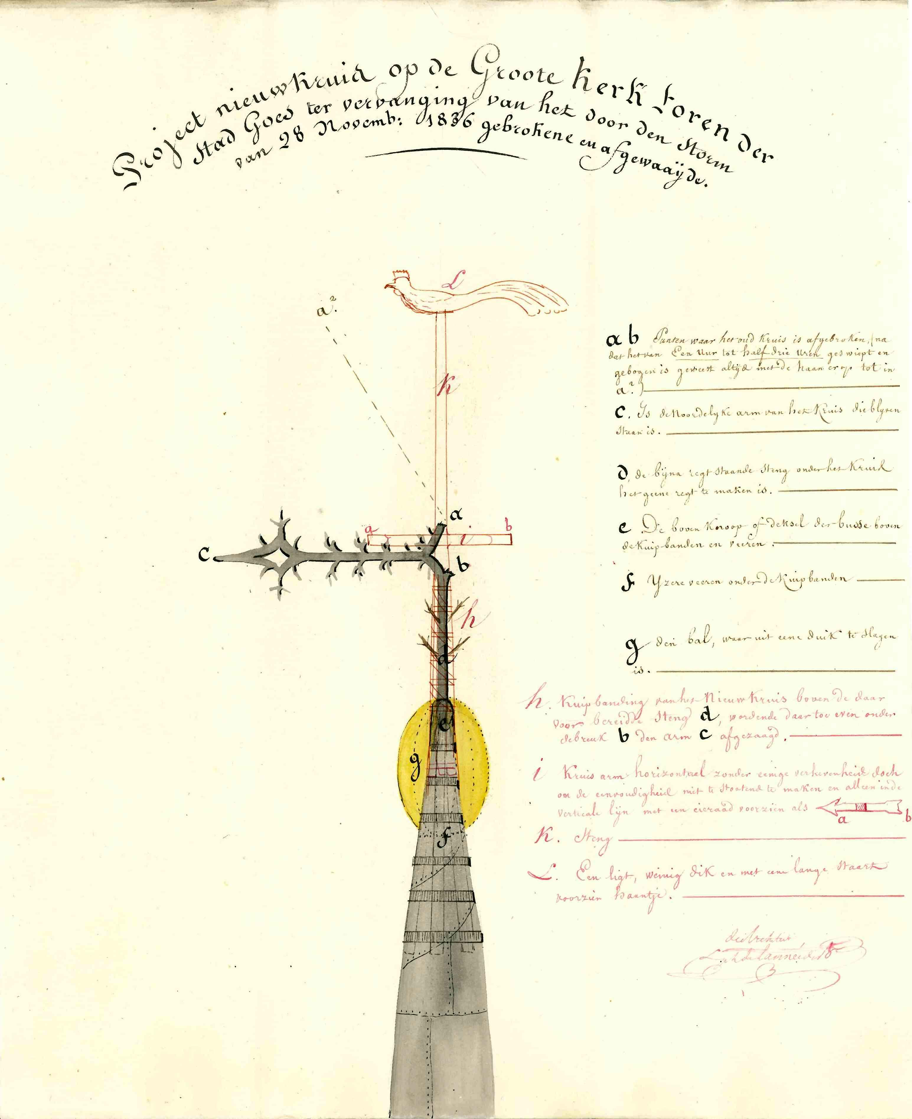 Tekening van het herstel van de afgewaaide torenspits van de kerk, 1837. GAG.ASG. inv.nr.  549.1, nr. 294.