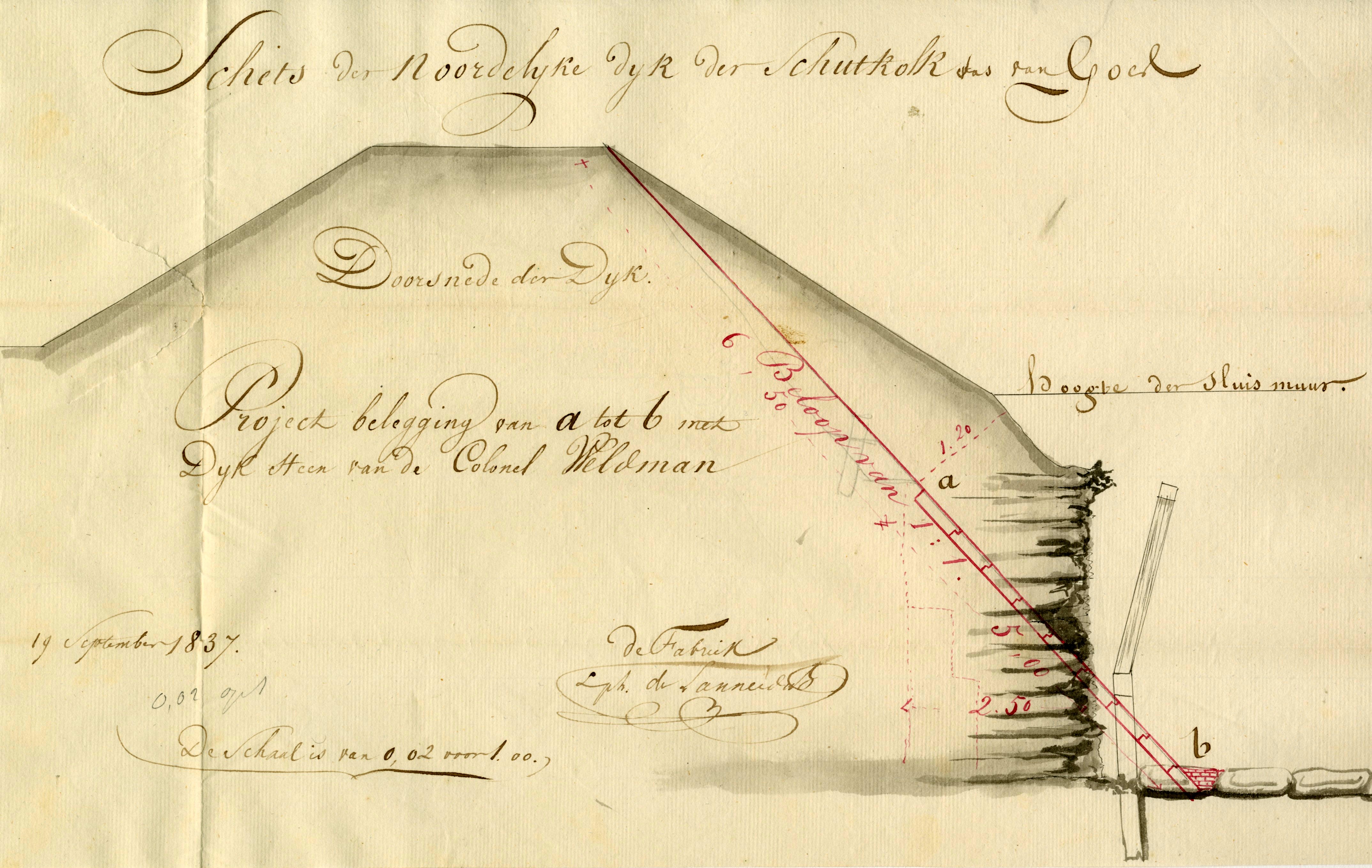 Tekening van het herstel van de dijk bij de sluiskolk met steen, 1837. GAG.ASG.inv.nr. 550, nr. 641-1.