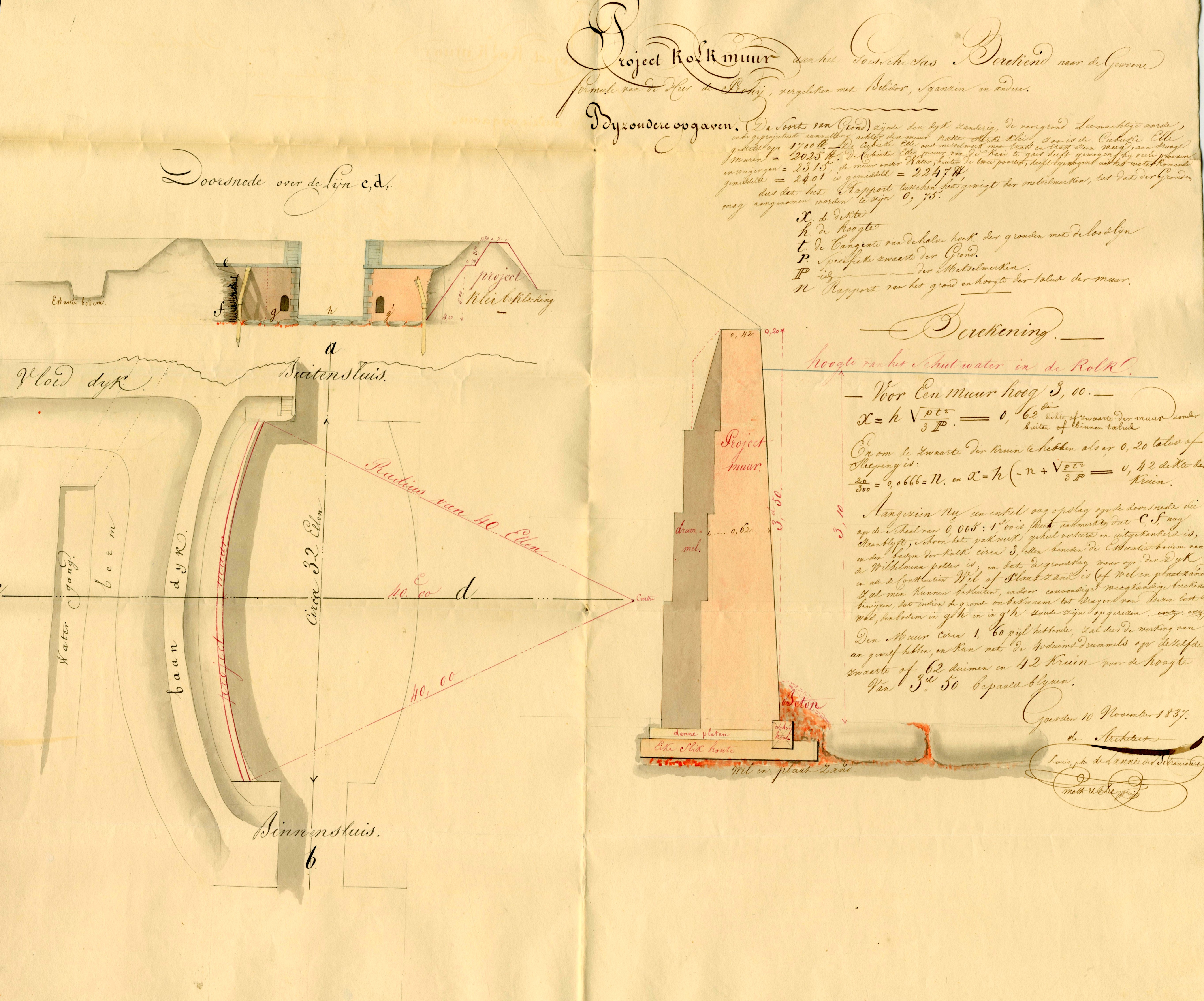 Tekening van het herstel van de kolkmuur van de sluis, 1837. GAG.ASG.inv.nr. 550, nr. 641-5.