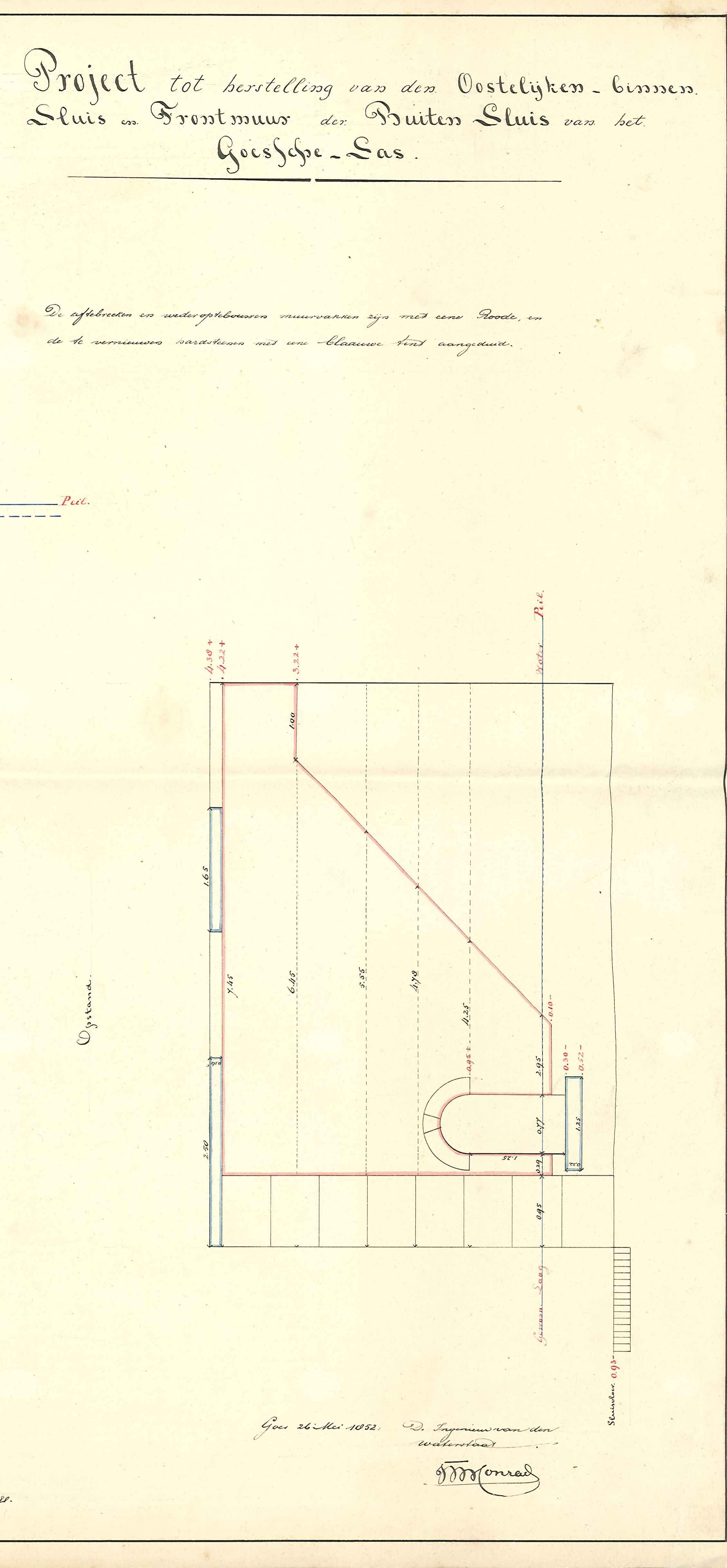 Tekening van het herstel van de sluis in het Goese Sas, door ingenieur J.F.W. Conrad, 1852. GAG.AGG.inv.nr. 148, nr. 609.