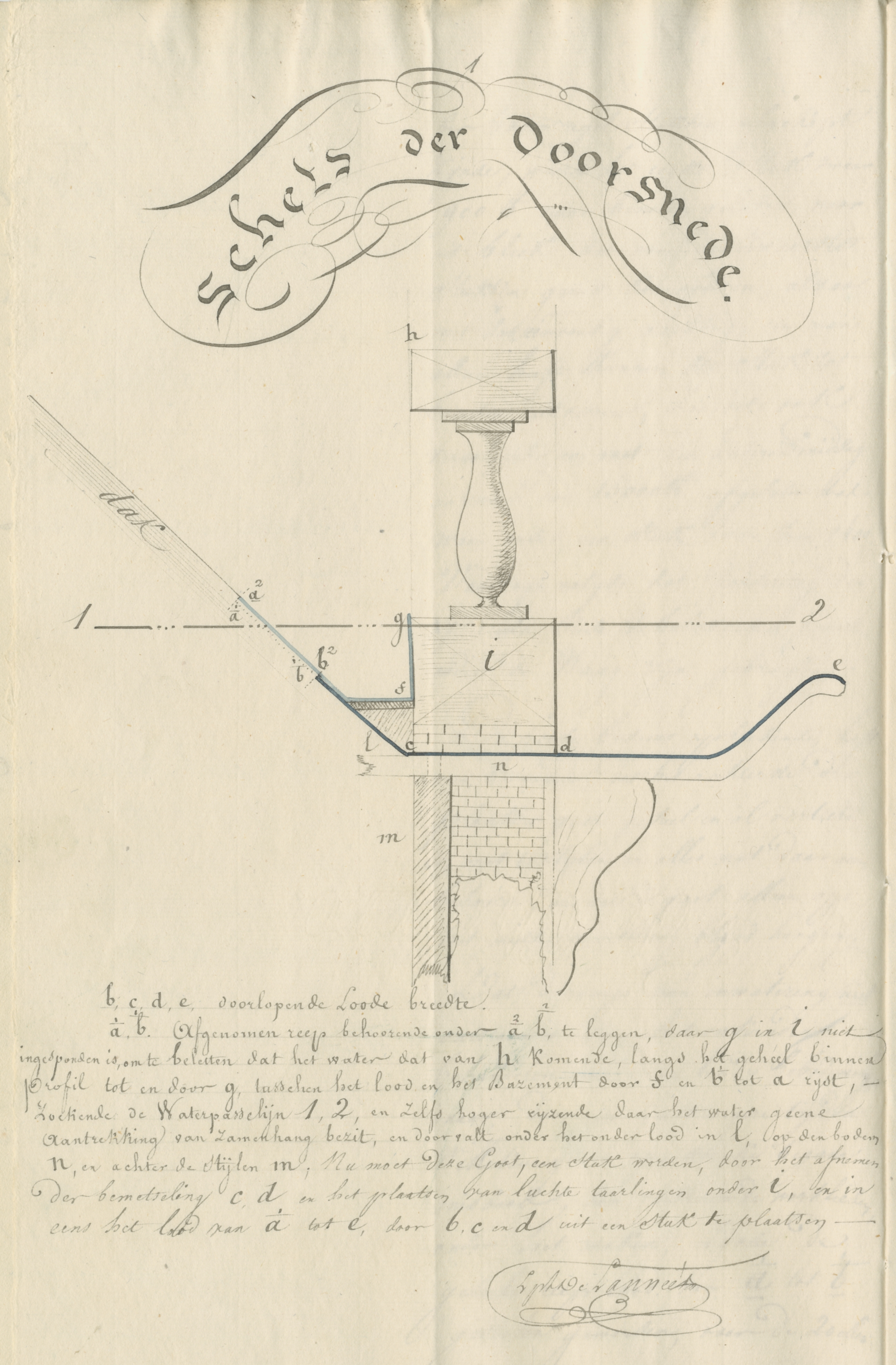 Tekening van het herstel van een dakgoot van het stadhuis, 1830. GAG.ASG.inv.nr. 518.2, nr. 723.