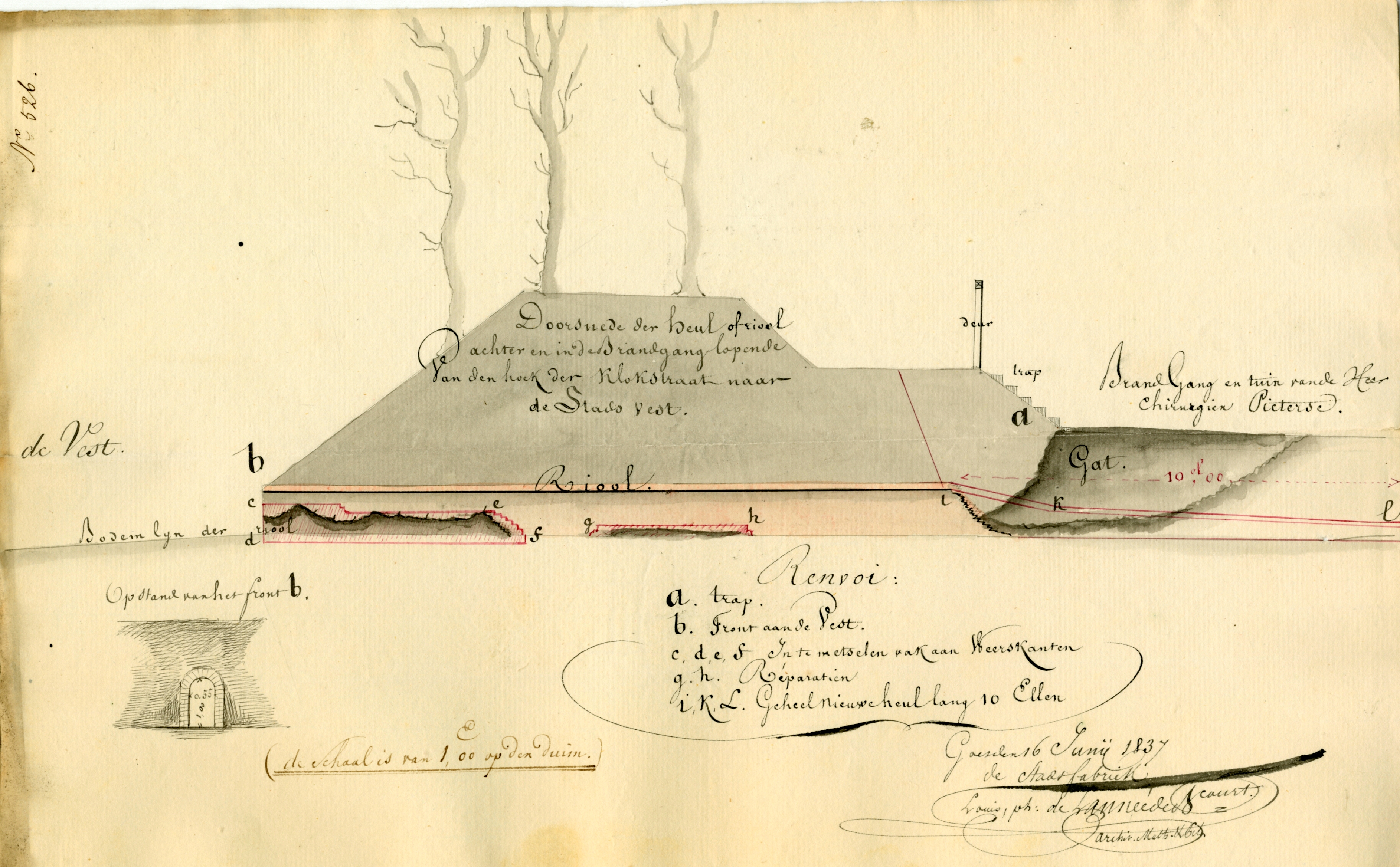 Tekening van het herstel van een riool van de Klokstraat naar de veste, 1837. GAG.ASG.inv.nr. 550.1, nr. 526.