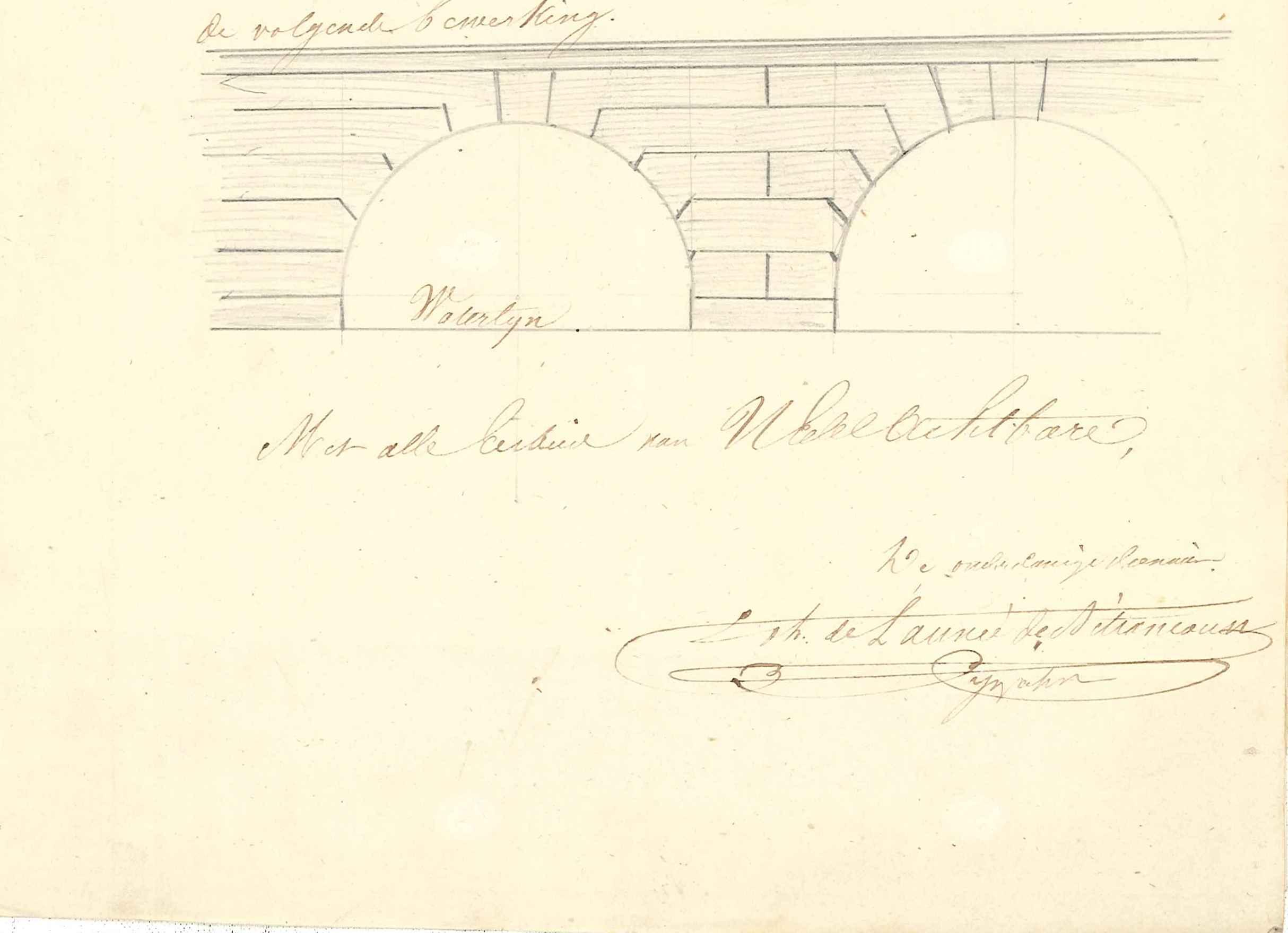 Tekening van het herstel van enkele bogen van de Ganzepoortbrug, door L.Ph. de Lannée de Betrancourt, 1853. GAG.AGG.inv.nr. 158, nr. 394.