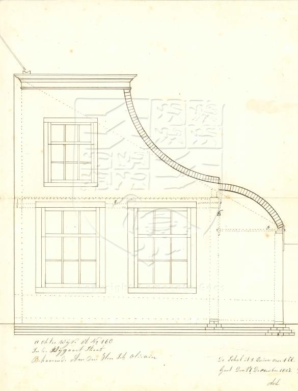 Tekening van het pakhuis achter Wijngaardstraat 59 of 61, J. Olivier, 1858. GAG.AGG.inv.nr. 216, nr. 710.