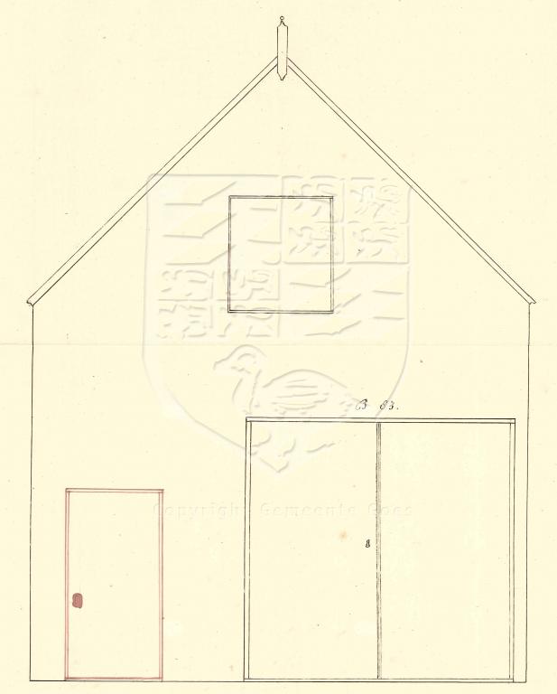Tekening van het slachthuis van J. Sloover, B83, nu Pyntorenstraat 9, 1857. GAG.AGG.inv.nr. 201, nr. 249.