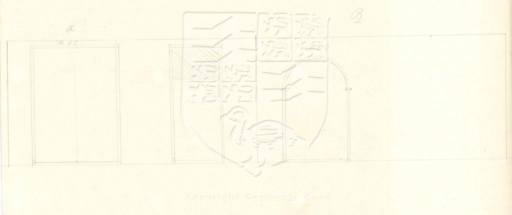 Tekening van het verbouwen van Pyntorenstraat 13, 1860. GAG.AGG.inv.nr. 240, nr. 799