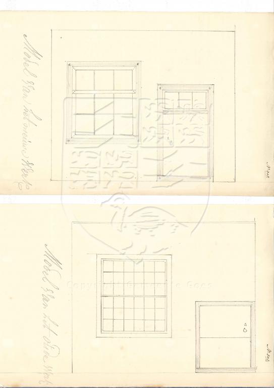 Tekening van het verbouwen van de gevel van Zusterstraat 8, boven nieuw, onder oud, 1859. GAG.AGG.inv.nr. 224, nr. 303