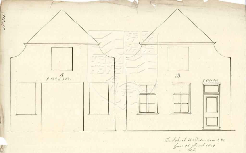 Tekening van het verbouwen van het koetshuis tot kantoor van Lange Vorststraat 50, 1859. GAG.AGG.inv.nr. 225, nr. 305