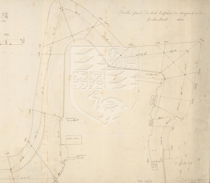 Tekening van het verdedigingswerk tussen de Ganzepoort en de Waaihoek, 1854. GAG.HTA.