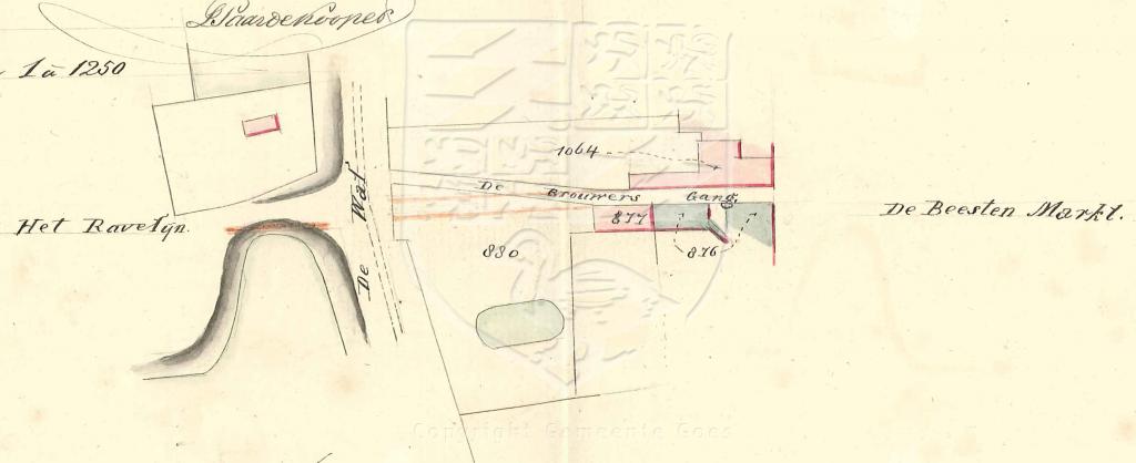 Tekening van het verleggen van de Brouwersgang, 1857. GAG.AGG.inv.nr. 208, nr. 1114.