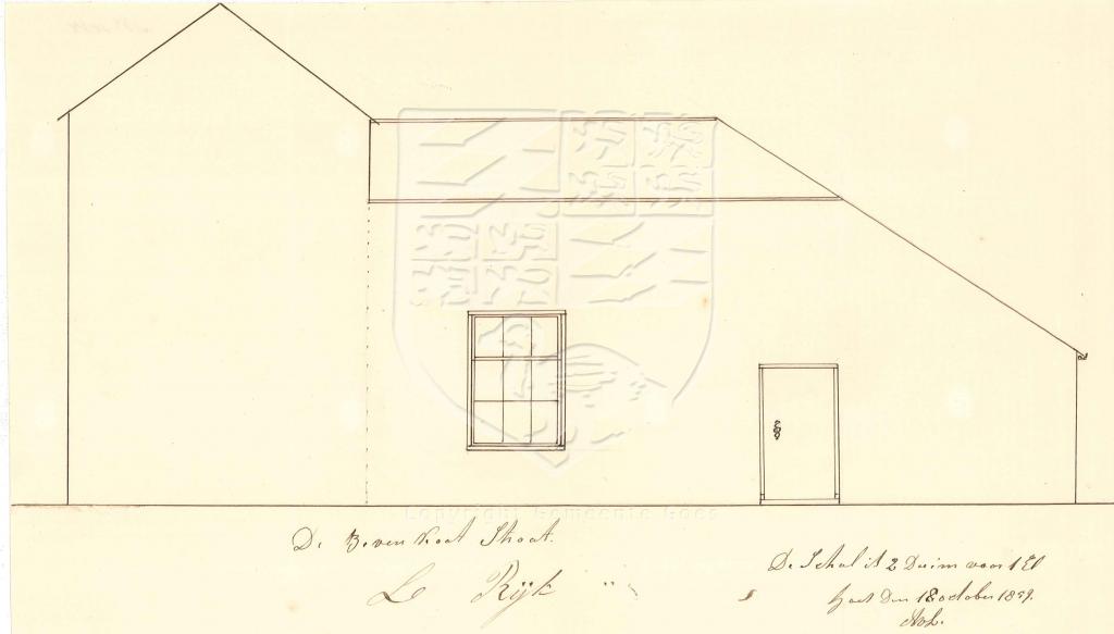 Tekening van het vervangen van een pakhuis door een huis, Nieuwstraat 28, 1859. GAG.AGG.inv.nr. 231, nr. 1042