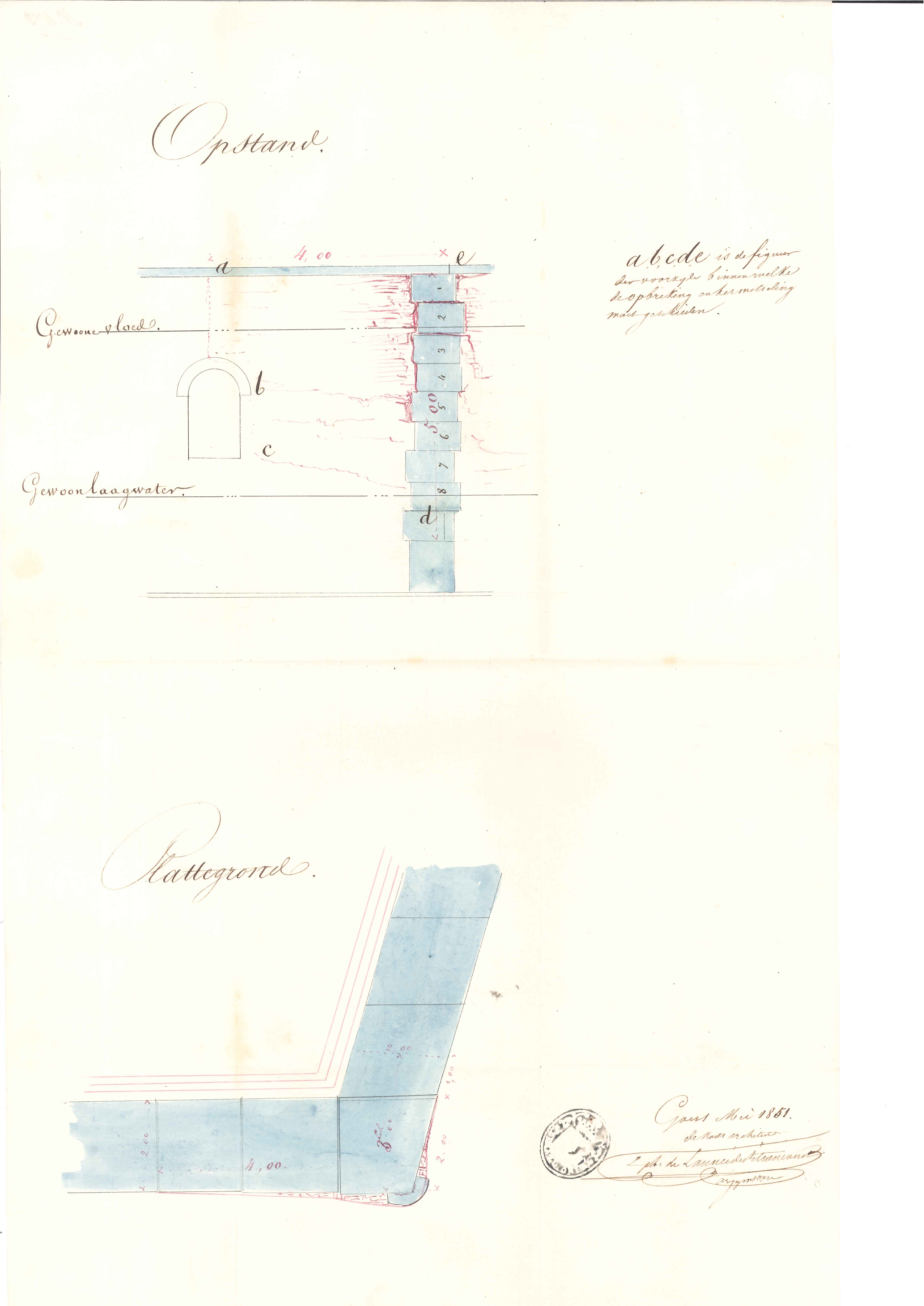 Tekening van het voorgenomen herstel van de sluismuur, 1851. GAG.ASG.inv.nr. 622.1, nr. 473.