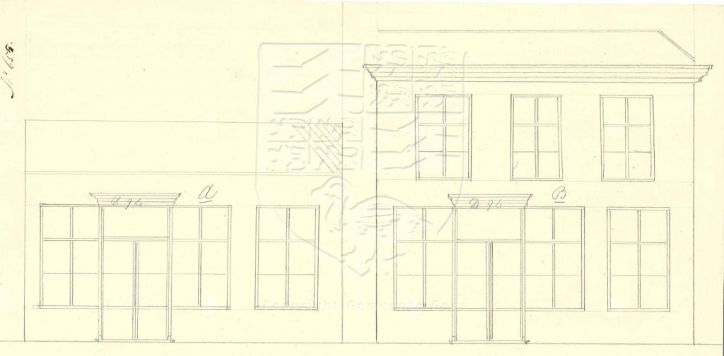 Tekening van het verhogen van 's-Heer Hendrikskinderenstraat 26, 1860. GAG.AGG.inv.nr. 239, nr. 655.