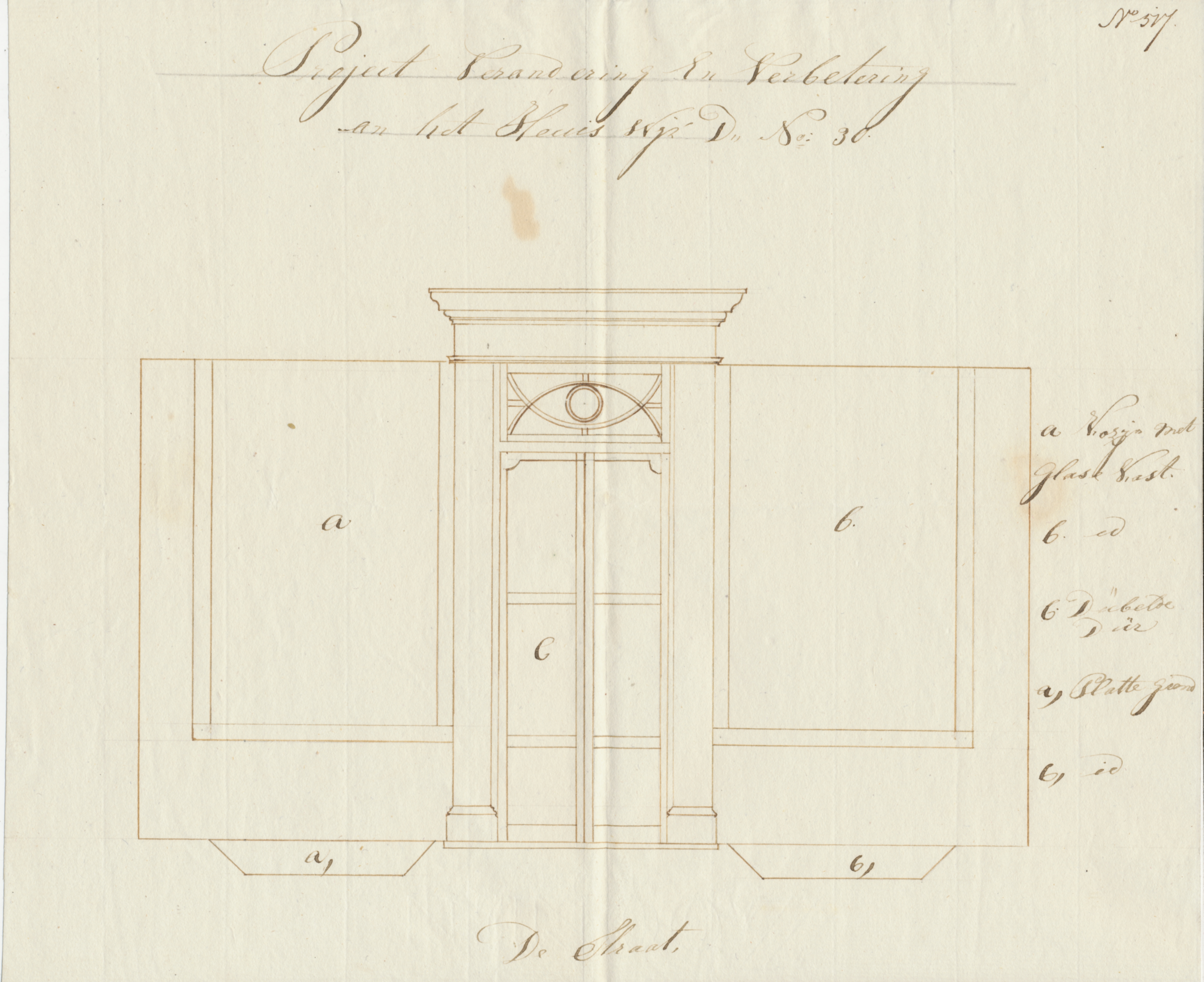 Tekening voor de verbouwing van Turfkade 1, 1841. GAG.ASG.inv.nr. 569.1, nr 517.