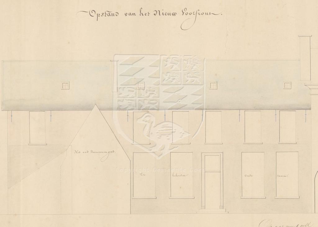 Tekening voor de verbouwing van de voorgevel van het schoolgebouw op de Beestenmarkt, 1856. GAG.HTA.