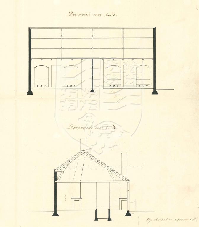 Tekening voor een dubbel arbeidershuisje bij de gasfabriek, doorsnedes, 1860. GAG.AGG.inv.nr. 243, nr. 1079