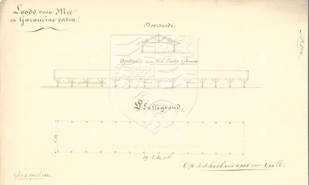 Tekening voor een loods voor meekrap en garancine van Fransen van de Putte, 1860. GAG.AGG.inv.nr. 237, nr. 500
