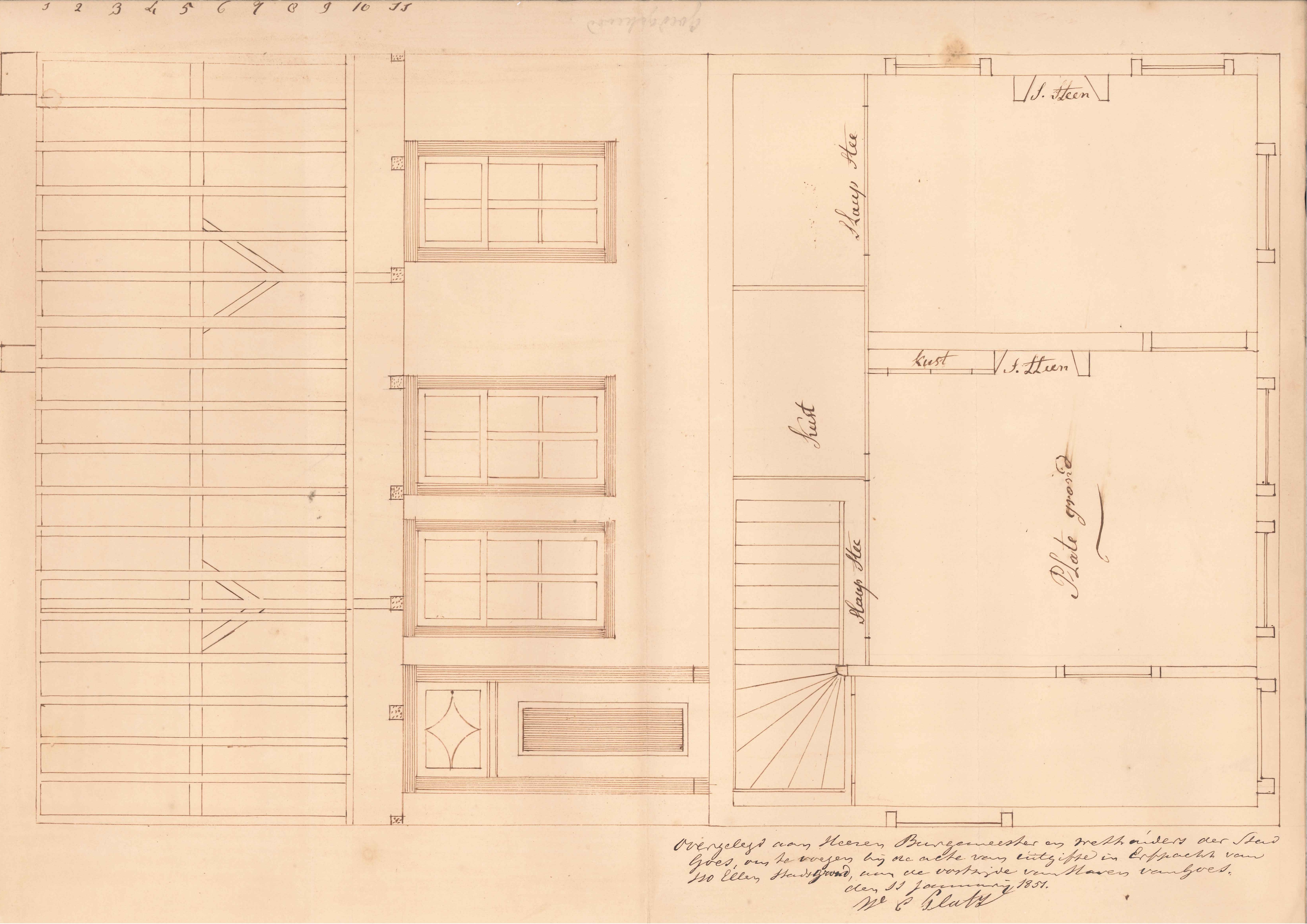 Tekening voor het bouwen van een huis aan de oostzijde van de haven, 1851. GAG.HTA.