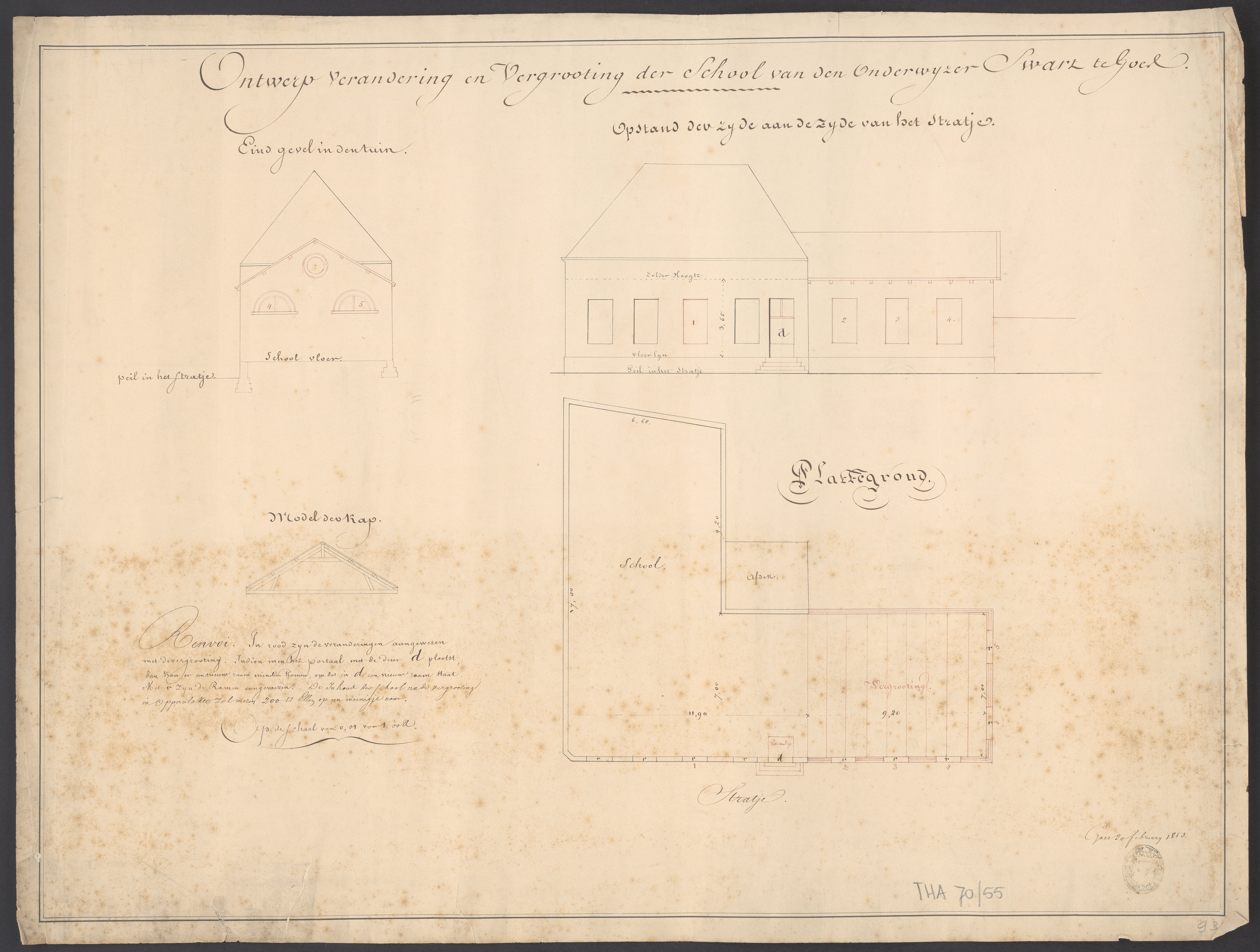 Tekening voor het verbouwen van de openbare lagere school, Singelstraat 3, 1853. GAG.HTA.