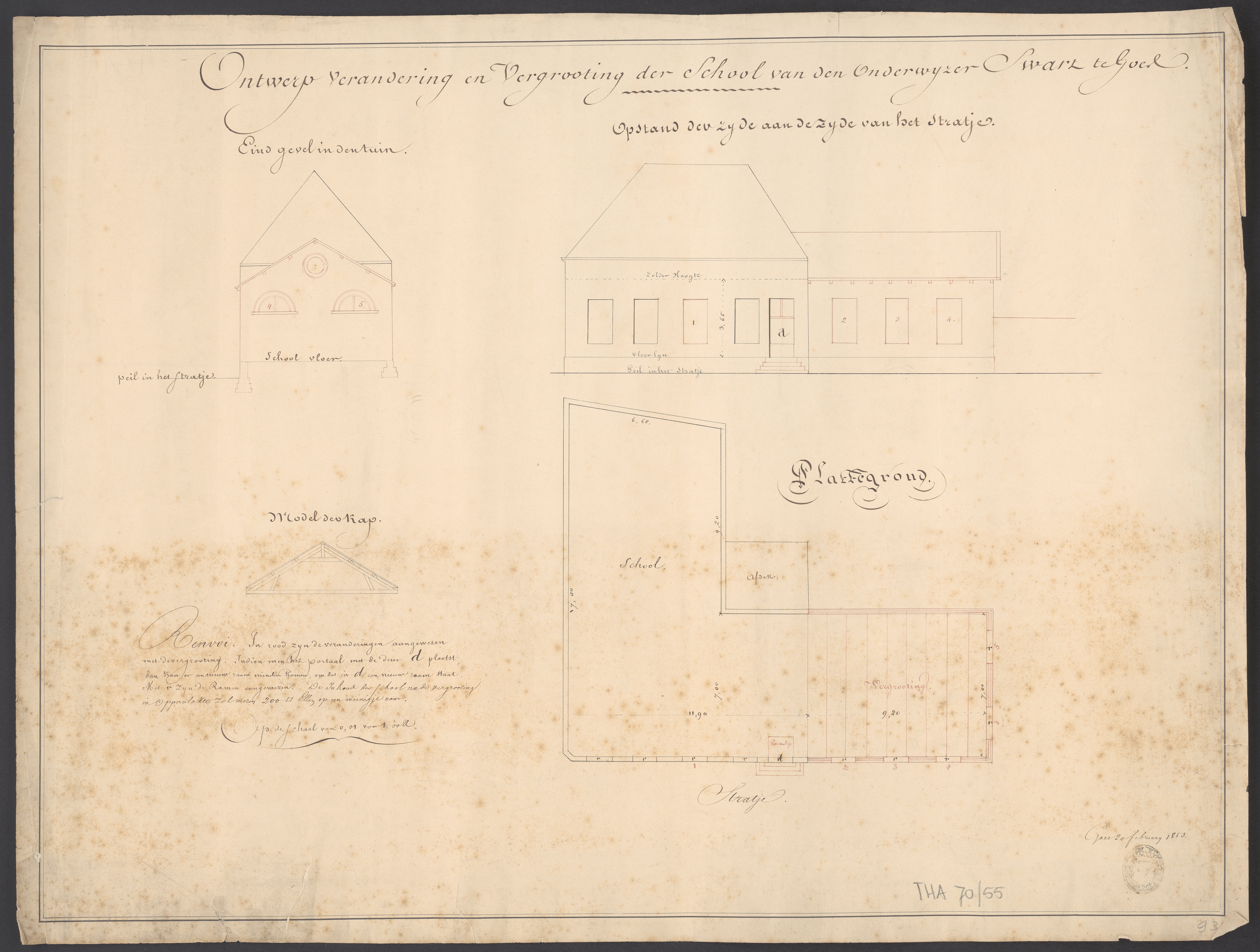 Tekening voor het verbouwen van de openbare lagere school, Singelstraat 3, 1853. GAG.HTA.