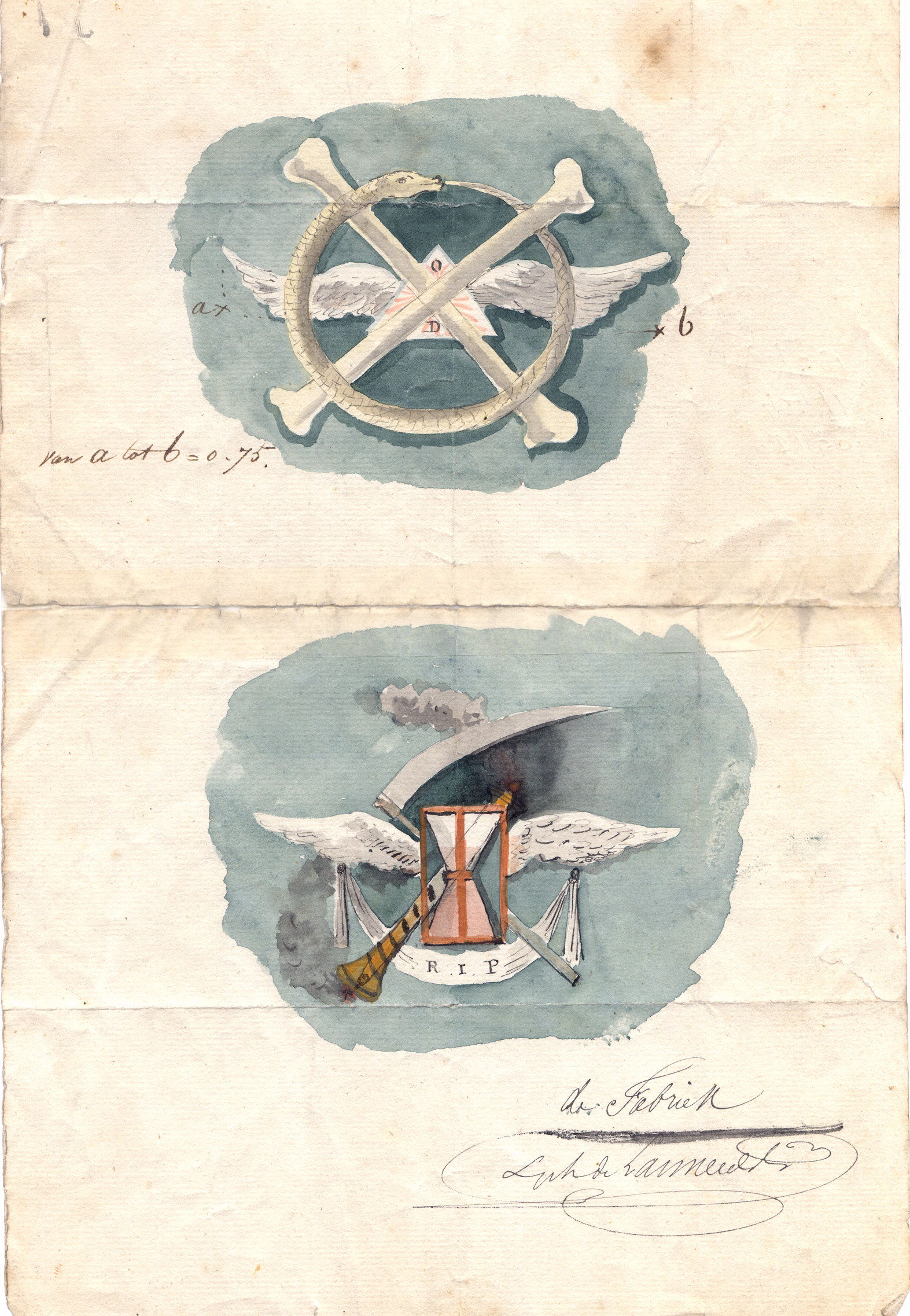 Tekeningen van te maken symbolen voor het hek van de begraafplaats te Goes, 1845, door L.Ph. Lannée de Betrancourt. GAG.HTA.