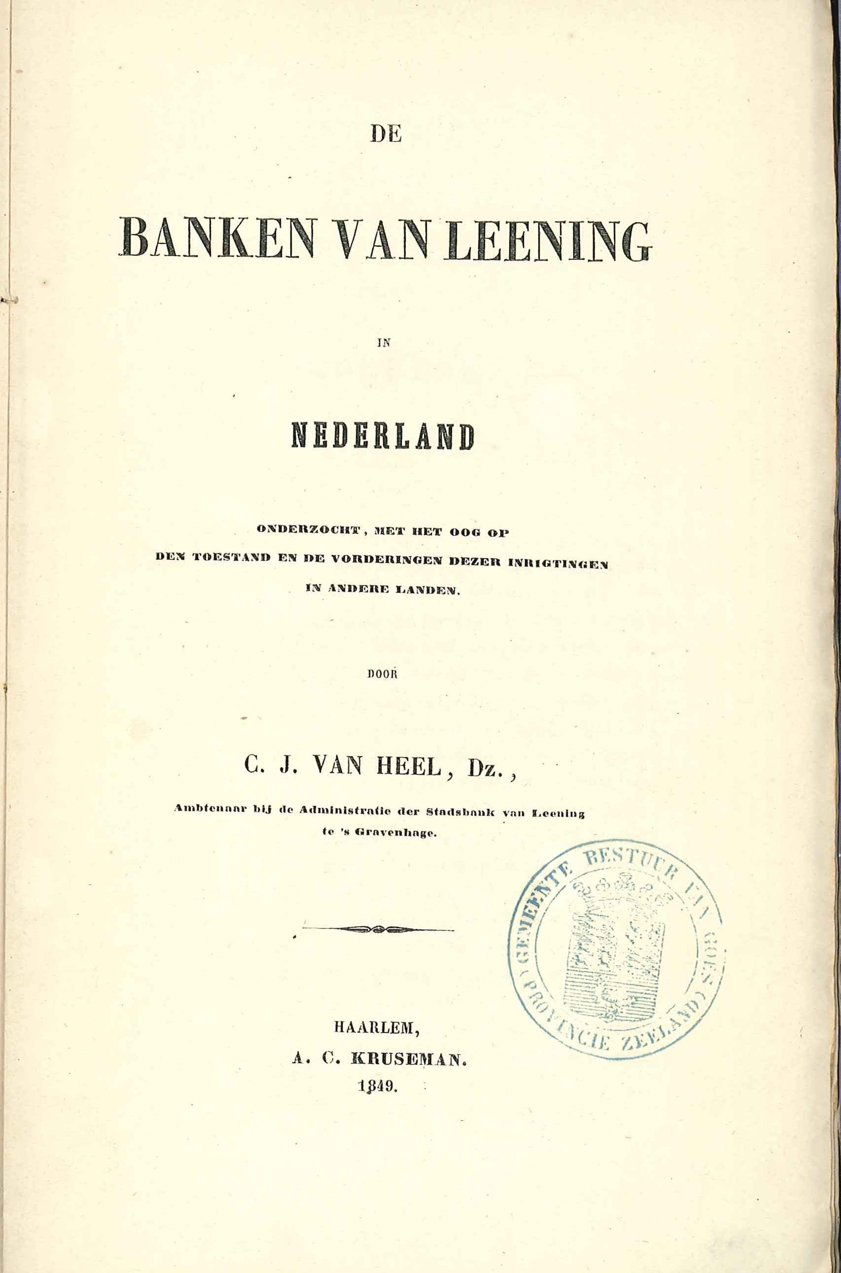 Titelblad banken van leening, C.J. van Heel. GAG.HB.