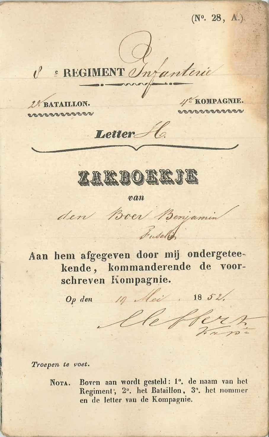 Titelblad uit het zakboekje van fuselier Benjamin den Boer, 1852. GAG.Hsv.inv.nr. 490.