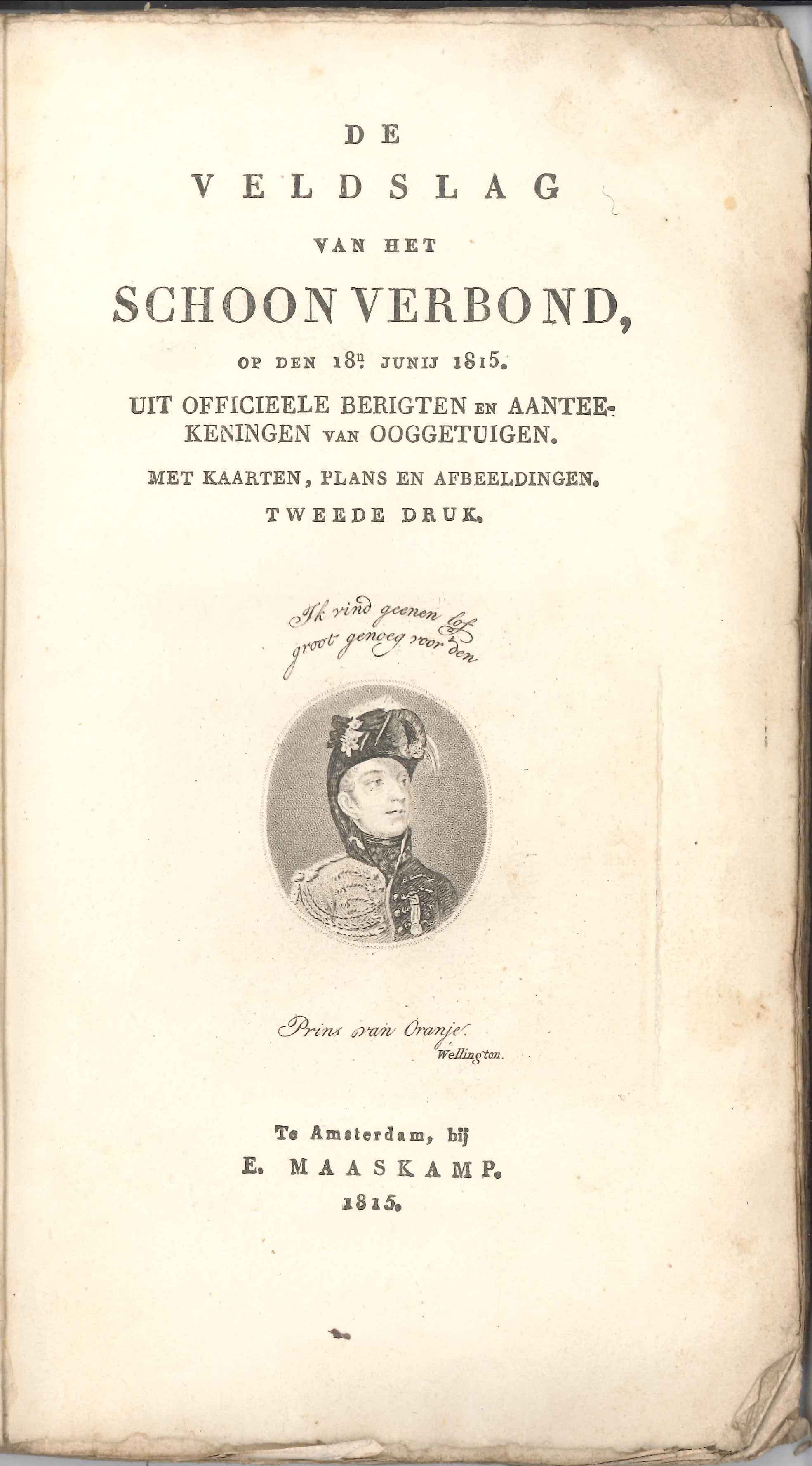 Titelblad van 'De veldslag van het Schoon Verbond', 1815.