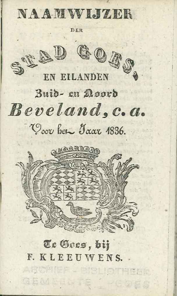 Titelblad van de Naamwijzer der stad Goes, 1836. GAG.HB.