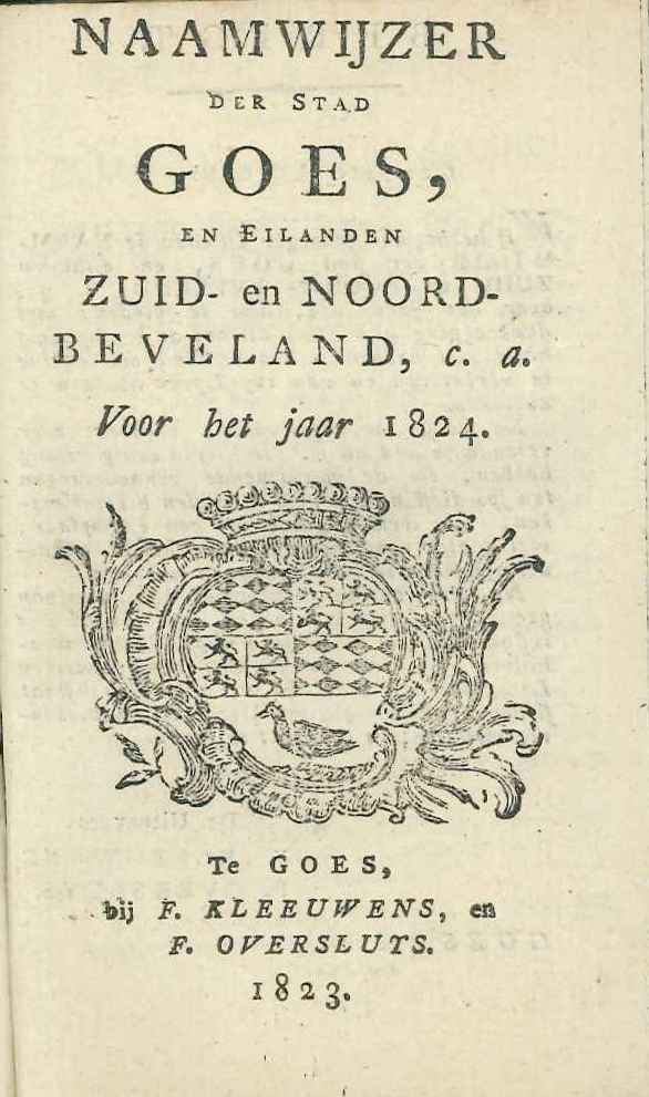 Titelblad van de Naamwijzer voor Goes, 1824. GAG.HB.