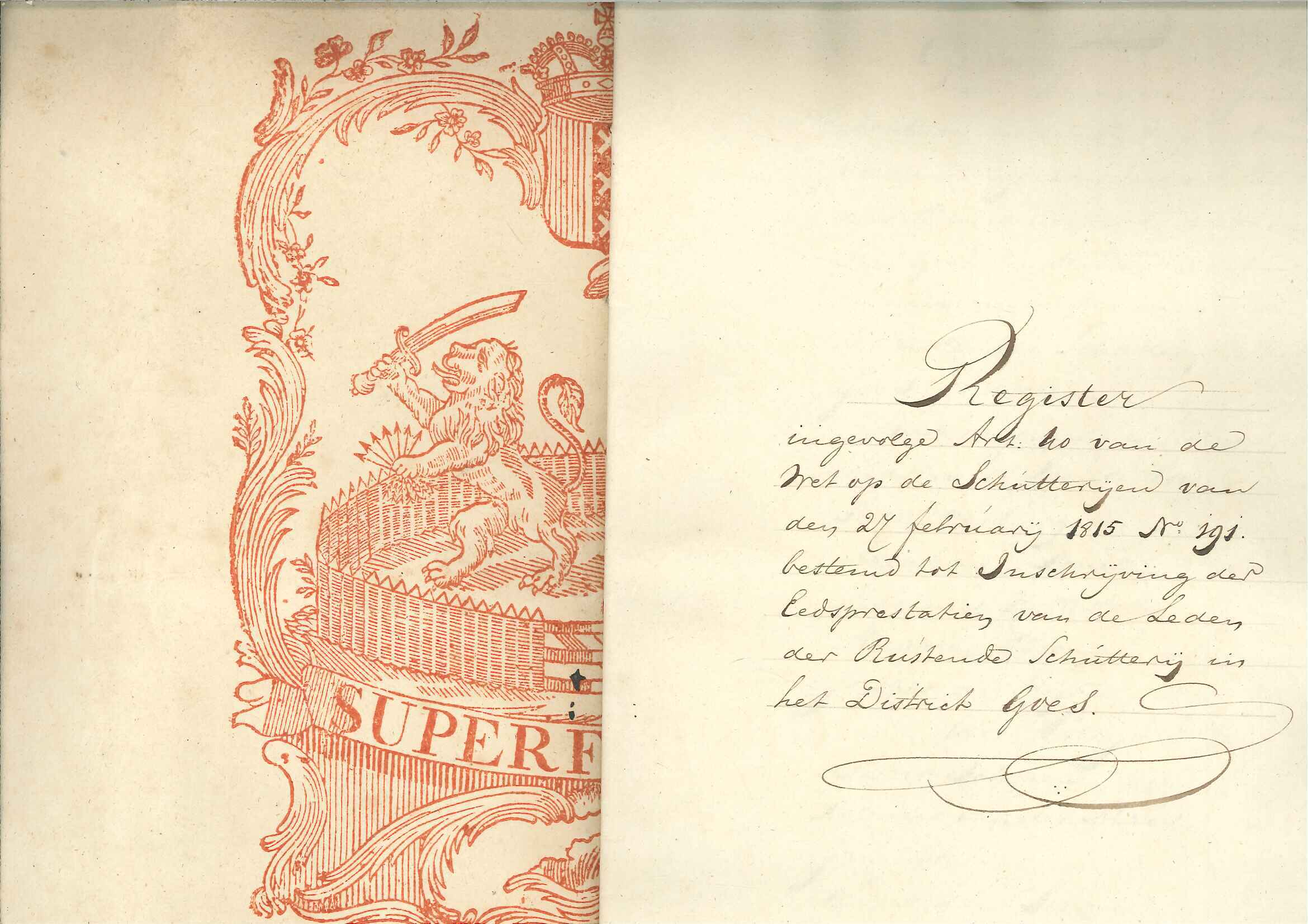 Titelblad van de naamlijst van beëdigde schutters, 1825, 1826. GAG.ASG.inv.nr. 3355.