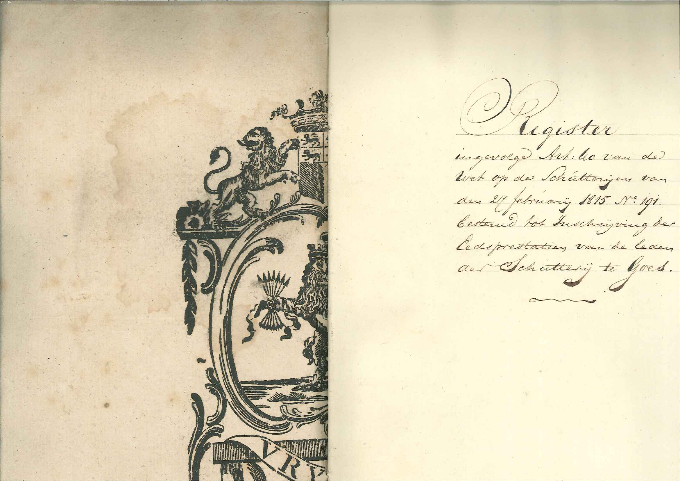Titelblad van de naamlijst van beëdigde schutters, 1825-1827. GAG.ASG.inv.nr. 3354.