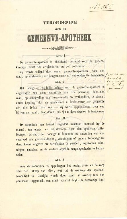 Titelblad van de verordening op de gemeentelijke apotheek, 1855, met wijzigingen, 1858. GAG.AGG.inv.nr. 211, nr. 166.