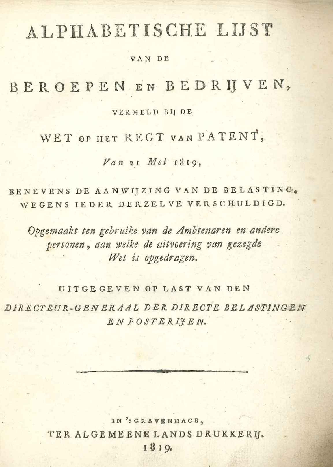 Titelblad van een lijst van beroepen voor de patentbelasting, 1819.