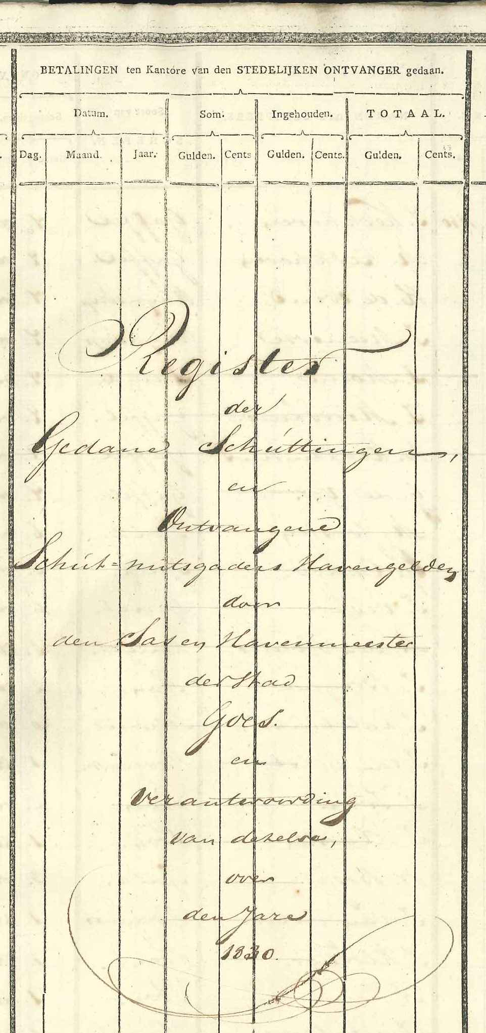 Titelblad van het register van schepen in de sluis en de haven, 1830. GAG.ASG.inv.nr. 1507.