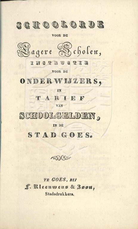 Titelblad van het reglement op de lagere scholen in Goes, 1858. GAG.AGG.inv.nr. 214, nr. 479.