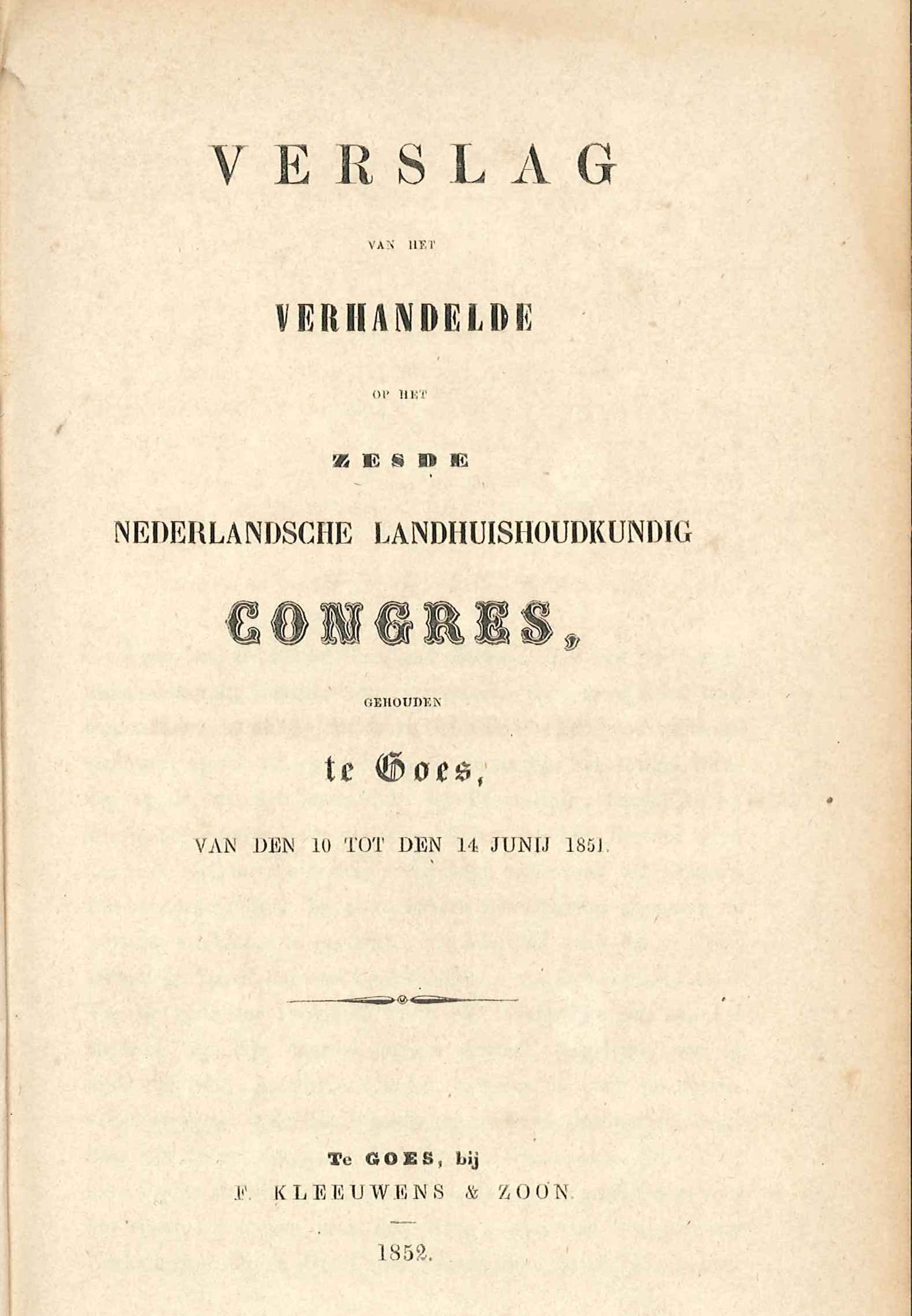 Titelblad van het verslag van het landbouwcongres te Goes, 1851. GAG.HB.