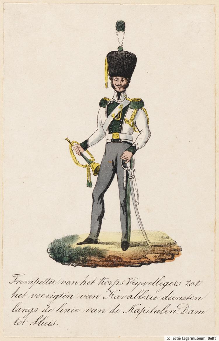 Trompetter bij de Vrijwillige Jagers, Z.Vlaanderen, 1830. Ver.2e Bat.Gren.Comp.