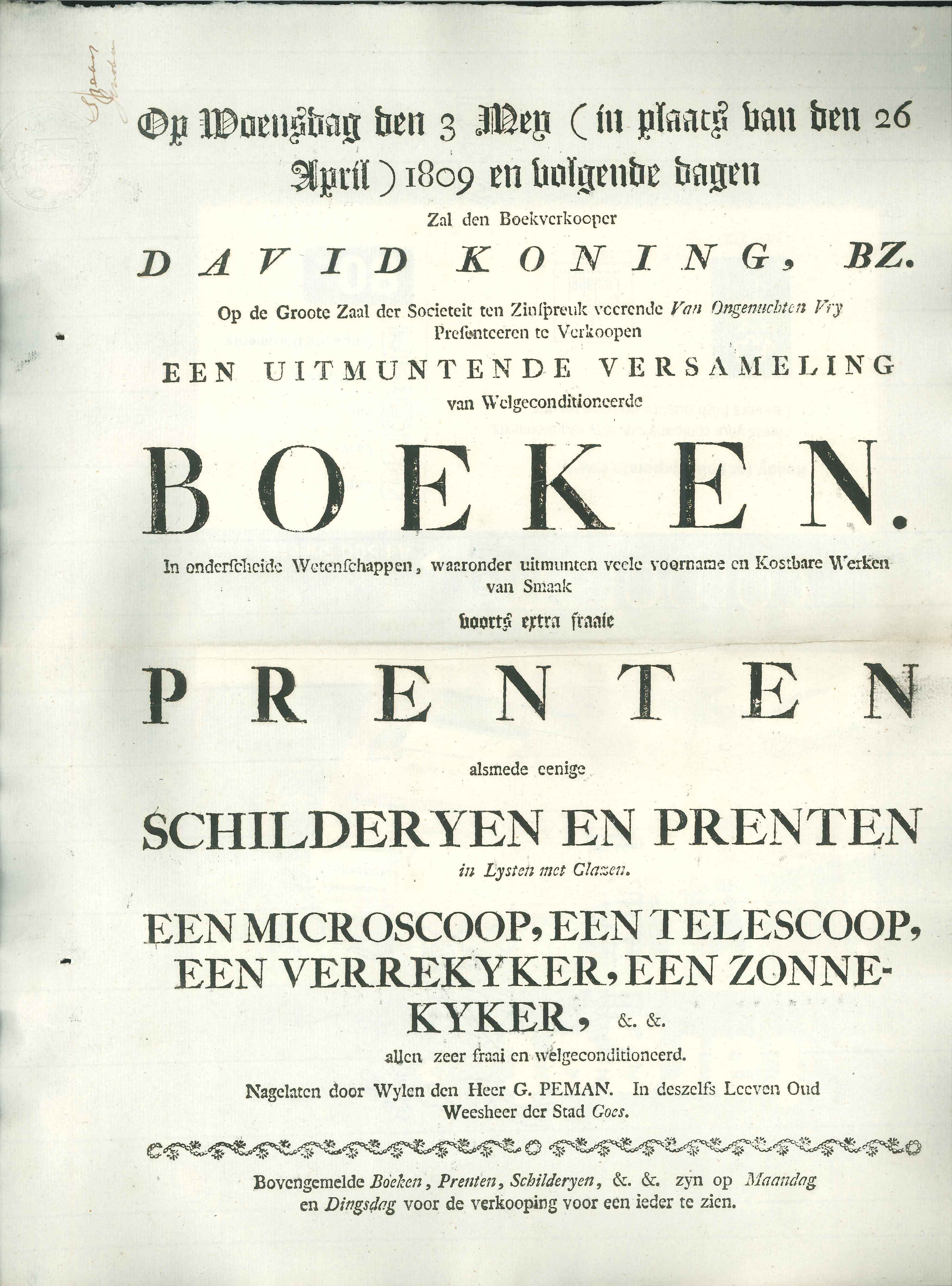 Veilingcatalogus van boeken en prenten van G. Peman, 1809.