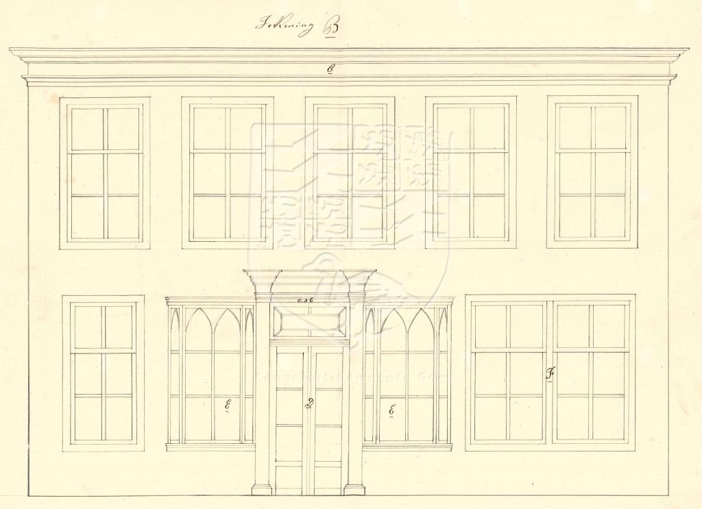 Verbouwing van de gevel Lange Kerkstraat C 36 (nu 30) van P. Fabery de Jonge, 1857. GAG.AGG.inv.nr. 202, nr. 389.