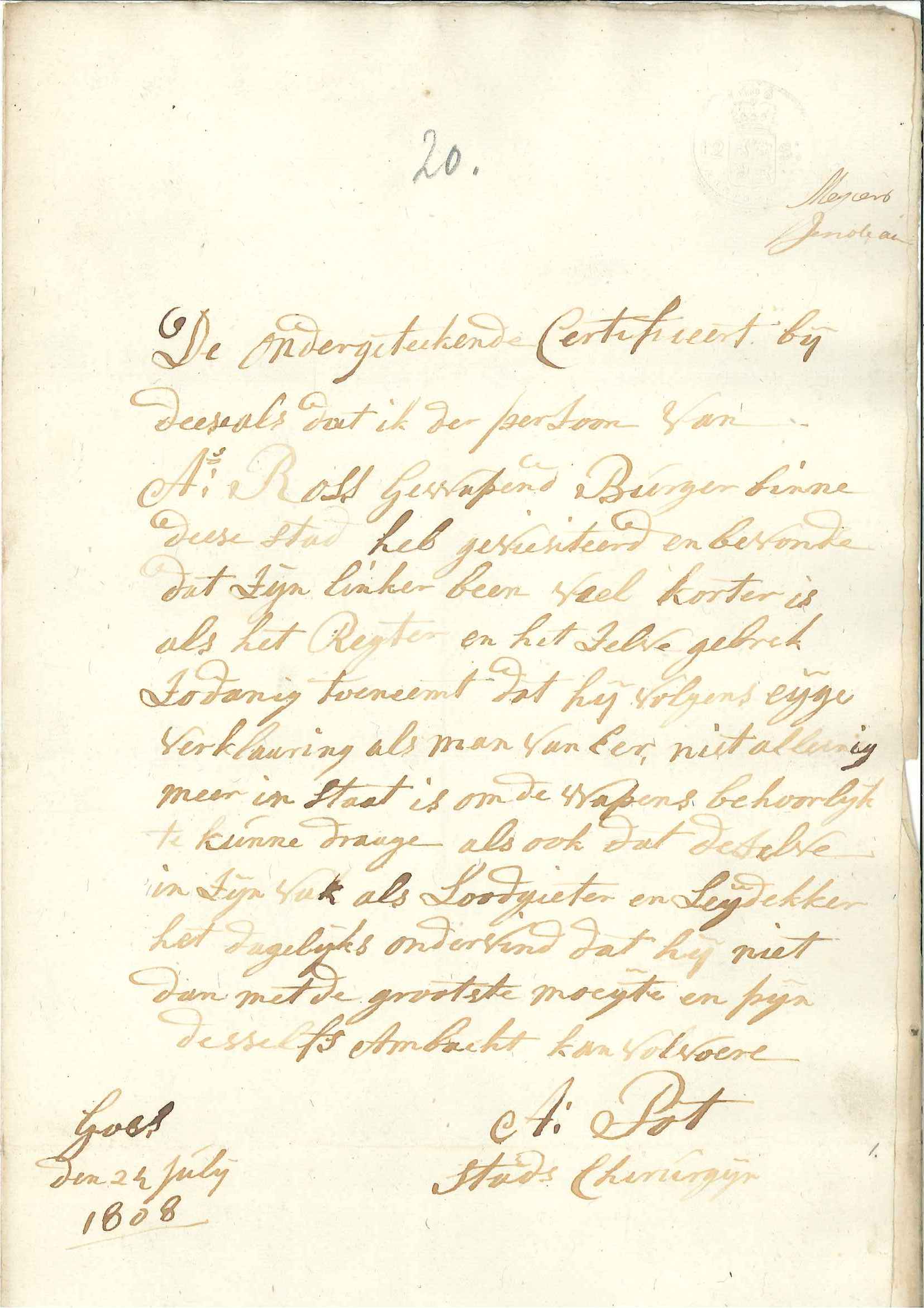 Verklaring dat A. Ross ongeschikt is voor de burgerwacht, 1808.